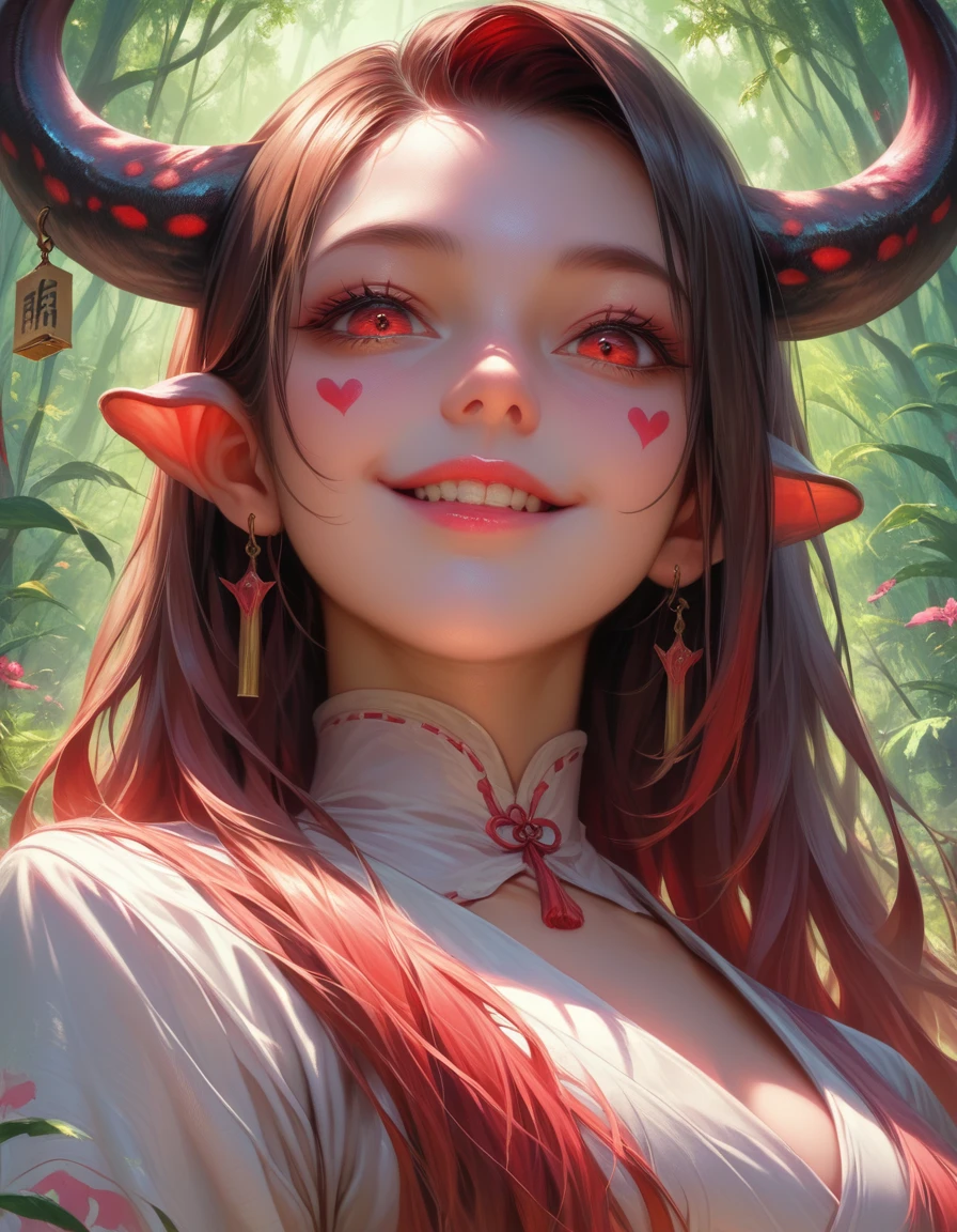 a beautiful young girl with long brown hair, red eyes, and demonic features, wearing a pink and white kimono, standing in a lush forest background, highly detailed, 1girl, extremely detailed face and eyes, beautiful detailed lips, longeyelashes, masterpiece, photorealistic, vibrant colors, cinematic lighting, detailed environment, concept art style, (below shot) and (Cow boy shots), Devilishly smiling 