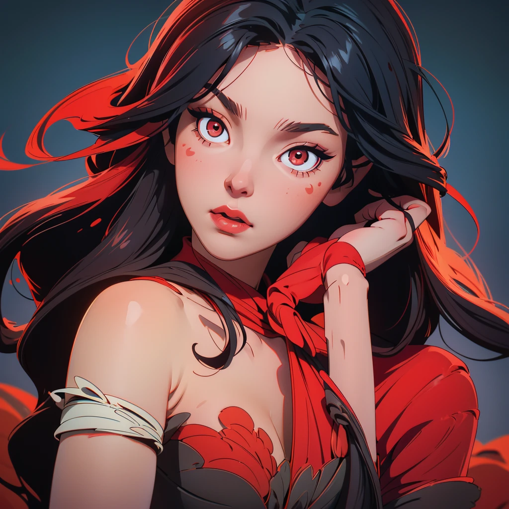 A cute young girl with red and black hair, wearing a white dress, with red eyes, detailed facial features, ultra-detailed portrait, delicate skin, intricate hairstyle, soft lighting, warm color palette, fantasy style, photorealistic, 8k, best quality