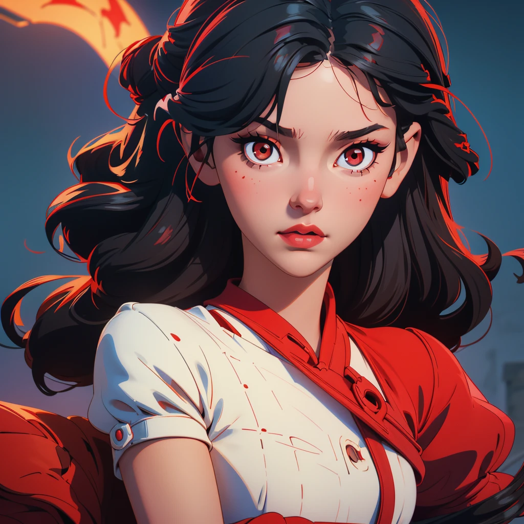 A cute young girl with red and black hair, wearing a white dress, with red eyes, detailed facial features, ultra-detailed portrait, delicate skin, intricate hairstyle, soft lighting, warm color palette, fantasy style, photorealistic, 8k, best quality