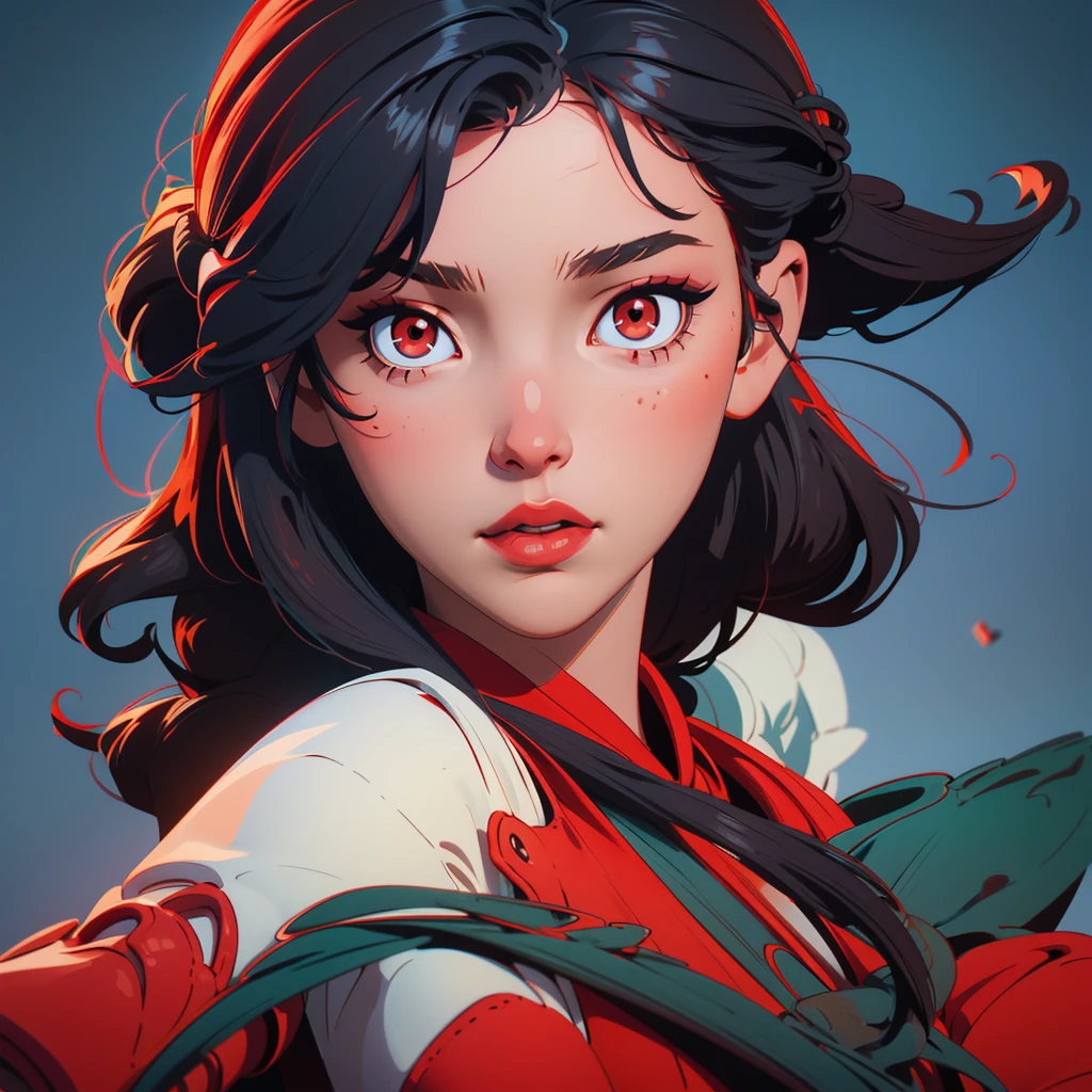 A cute young girl with red and black hair, wearing a white dress, with red eyes, detailed facial features, ultra-detailed portrait, delicate skin, intricate hairstyle, soft lighting, warm color palette, fantasy style, photorealistic, 8k, best quality