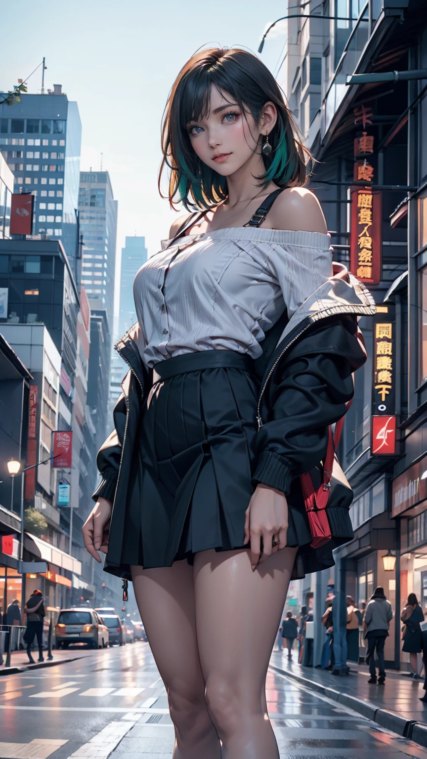 One girl, black_skirt, green_hair, building, city, cityscape, hair_between_eye, Jacket, Looking_in_Audience, Moderate_hair, Multicolor_hair, multiple_boy, night, off_shoulder, Outdoor, pleined_skirt, road, shirt, skirt, Skyscraper, smile, 一人in_concentrated, street, white_shirt