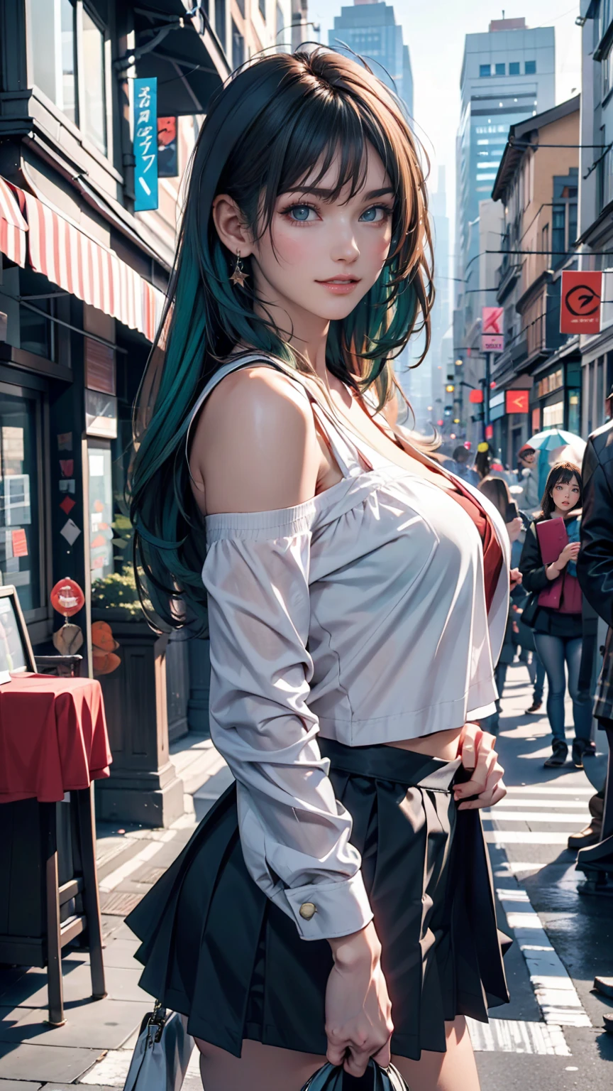 One girl, black_skirt, green_hair, building, city, cityscape, hair_between_eye, Jacket, Looking_in_Audience, Moderate_hair, Multicolor_hair, multiple_boy, night, off_shoulder, Outdoor, pleined_skirt, road, shirt, skirt, Skyscraper, smile, 一人in_concentrated, street, white_shirt