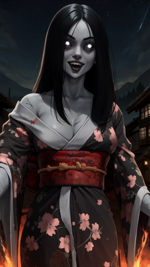 Hisako,grey skin, very long hair, white pupils, scars, glowing red fire eyes,  black sclera, 
Gold kimono with floral print,off shoulder,torn clothes, crazy smile,sharp teeth,open mouth,
looking at viewer,
japanese ghost village,night sky,
standing,upper body,
(insanely detailed, beautiful detailed face, masterpiece, best quality) cinematic lighting,solo,