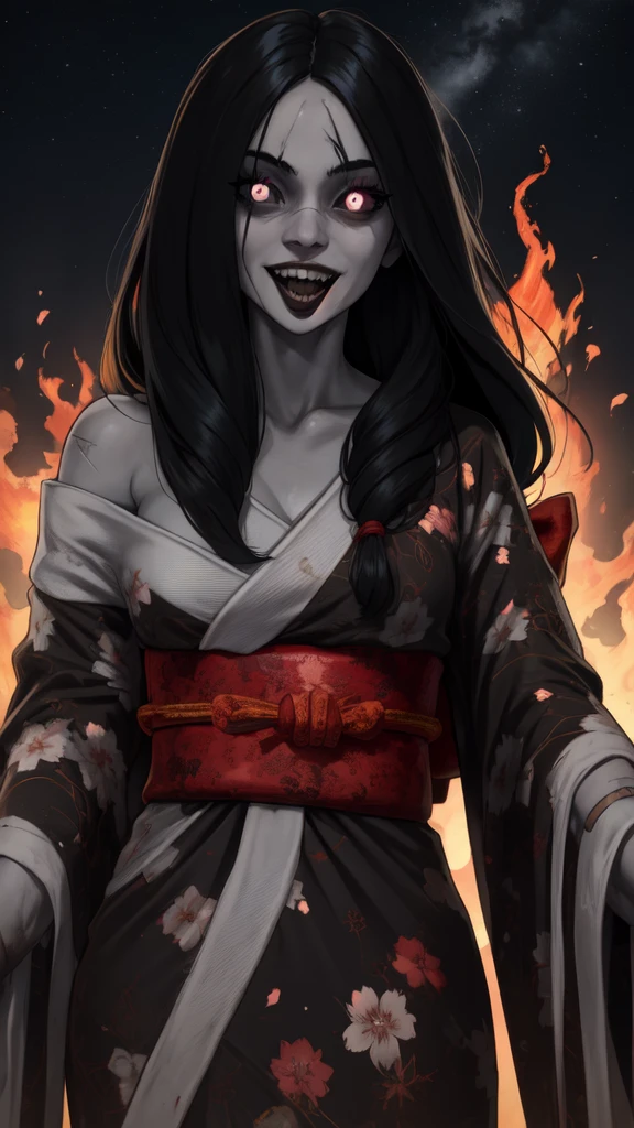 Hisako,grey skin, very long hair, white pupils, scars, glowing red fire eyes,  black sclera, 
Gold kimono with floral print,off shoulder,torn clothes, crazy smile,sharp teeth,open mouth,
looking at viewer,
japanese ghost village,night sky,
standing,upper body,
(insanely detailed, beautiful detailed face, masterpiece, best quality) cinematic lighting,solo,