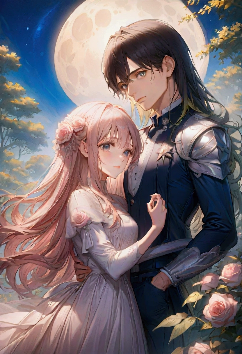 1girl, 1boy, Moonlit Confession, a young woman in a moonlit garden, confessing her love, (4k,8k,highres:1.2),ultra-detailed, HDR, UHD, studio lighting, ultra-fine painting, sharp focus, physically-based rendering, extreme detail description, professional, vivid colors, bokeh, intricate details, cinematic lighting, dramatic shadows, moody atmosphere, romantic, soft focus, beautiful girl, long flowing hair, expressive eyes, delicate features, elegant dress, moonlit night, lush garden, rose bushes, winding paths, twinkling stars, glowing moon, masterpiece, best quality, very aesthetic, absurdres
