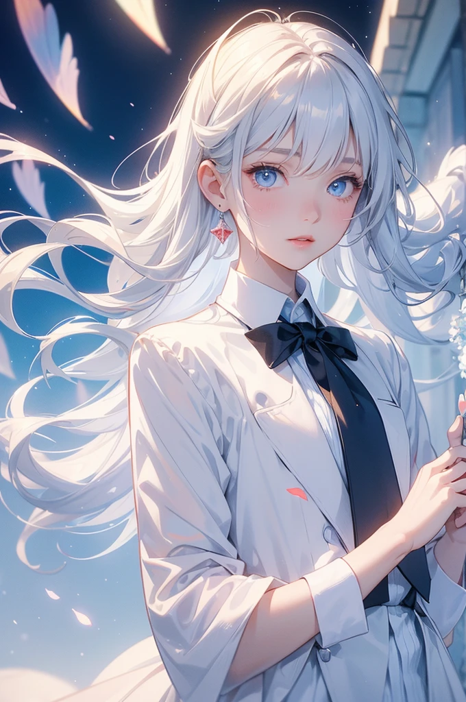 Illustrate a whimsical anime scene with a boy who has flowing white hair, wearing a crisp blue shirt and a white tie. He’s joyfully engaged in a playful moment with two dolls. The boy doll mirrors his attire, sporting white hair and a blue shirt with a tie. The girl doll, with soft brown hair, is dressed in a delicate white and red dress. Surround them with a magical, enchanted atmosphere—perhaps a background of floating sparkles or a dreamy pastel setting—to enhance the charm of this playful interaction."