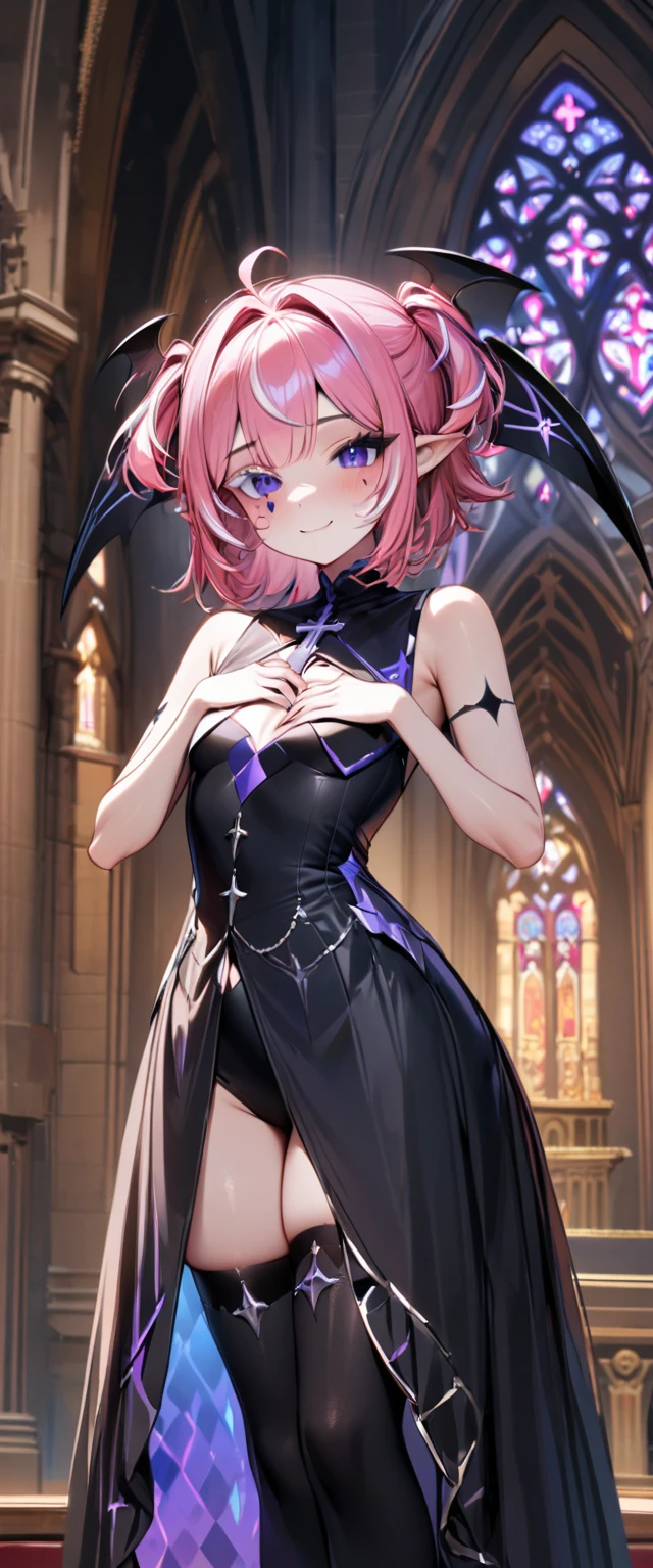 UHD, masterpiece, best quality, extremely detailed, anatomically correct, sharp focus, Midnight, Church , altar isle, 1girl, solo, camilavtuber, pink hair, short hair, shoulder length hair, ((black head wings)), (twin ponytail), purple eyes, facial mark, smiling, slim arms, small chest, 1 devil wing on the back, choker with crucifix design, ((long black gown)), black thighhighs, black high heels, standing up, standing upright, full body shot, close up, full body pose, innocent pose, Eye-Level Shot, front view, innocent pose