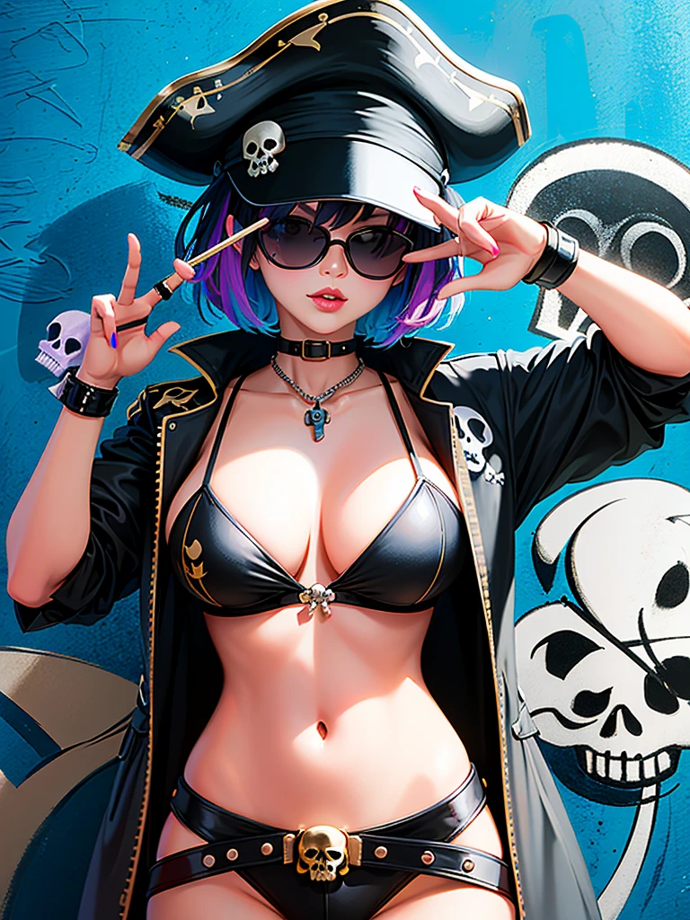 8k resolution、((of the highest quality))、((masterpiece))、((Super detailed))、1 female、alone、The strongest beautiful girl of all time.、((incredibly absurd))、(((stylish sunglasses))), pirate hat, lips in love、neon、short hair、 (((skull graffiti art))), colorful hair,