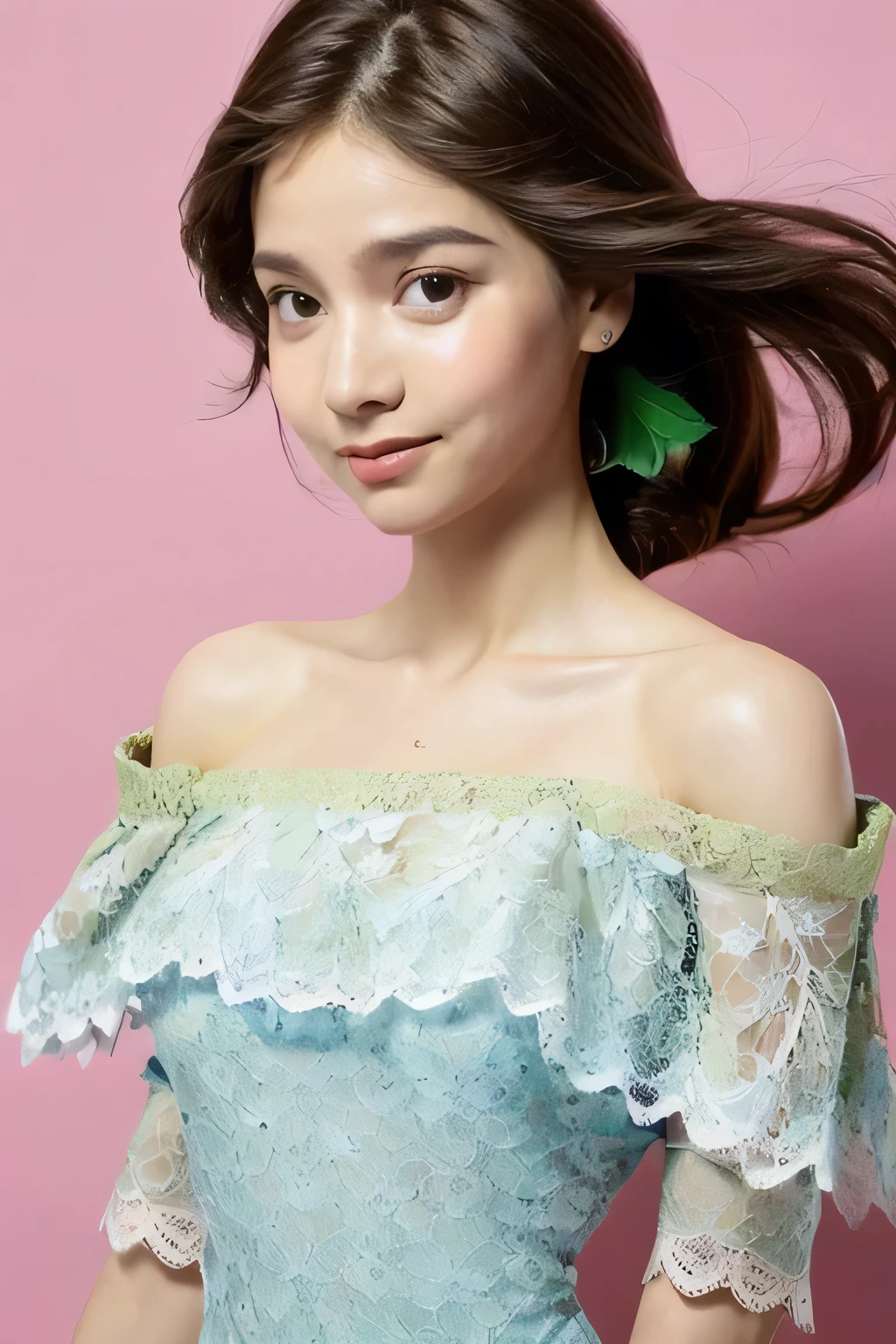 ((Highest quality, 8k, masterpiece: 1.3)), sharp: 1.2, Perfect Body Beauty: 1.6, ((Layered Hairstyles, Small breasts: 1.5)), (blue sky: 2.0), (White and green lace dress: 2.0), (Off-the-shoulder dress: 2.0), ((long hair: 2.0)), ((necklace)), Earrings, ring, Bracelet, Hair Accessories, ((Beautiful young ager woman)), ((Straight nose)), (Eyeliner), Armpit Hair, Bristles, ((White and beautiful skin)), Wavy Hair, Beautiful attention to detail, Super detailed, Highly detailed face and skin texture, fine grain, double eyelid, Black Hair, Big Ass, Lower Body, Thighs, (((Skinny))), Wet and shiny lips, (smile: 1.0), Touching your own body, ((Anatomically correct human body)), ((Crisp body shape)), Ribs, clavicle, Protruding skeleton, A face without nasolabial folds, Shyness, Thin eyebrows, Big eyes, (Narrow shoulders: 2.0), White skin, (shoot from side: 1.0)