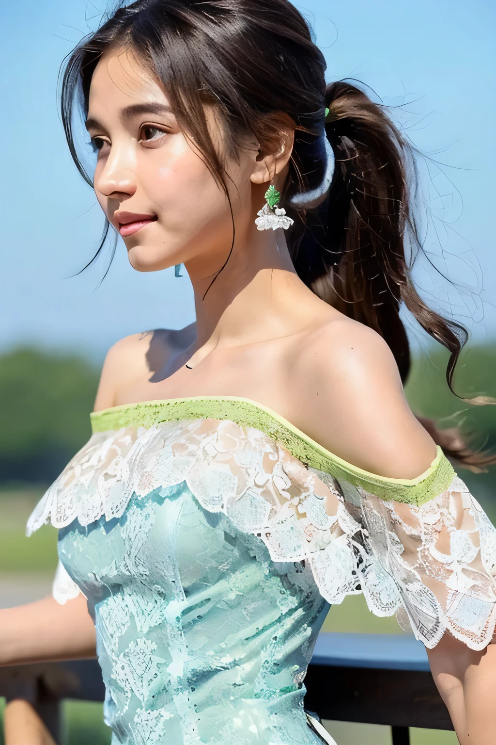 ((Highest quality, 8k, masterpiece: 1.3)), sharp: 1.2, Perfect Body Beauty: 1.6, ((Layered Hairstyles, Small breasts: 1.5)), (blue sky: 2.0), (White and green lace dress: 2.0), (Off-the-shoulder dress: 2.0), ((long hair: 2.0)), ((necklace)), Earrings, ring, Bracelet, Hair Accessories, ((Beautiful young teenager woman)), ((Straight nose)), (Eyeliner), Armpit Hair, Bristles, ((White and beautiful skin)), Wavy Hair, Beautiful attention to detail, Super detailed, Highly detailed face and skin texture, fine grain, double eyelid, Black Hair, Big Ass, Lower Body, Thighs, (((Skinny))), Wet and shiny lips, (smile: 1.0), Touching your own body, ((Anatomically correct human body)), ((Crisp body shape)), Ribs, clavicle, Protruding skeleton, A face without nasolabial folds, Shyness, Thin eyebrows, Big eyes, (Narrow shoulders: 2.0), White skin, (shoot from side: 1.0)
