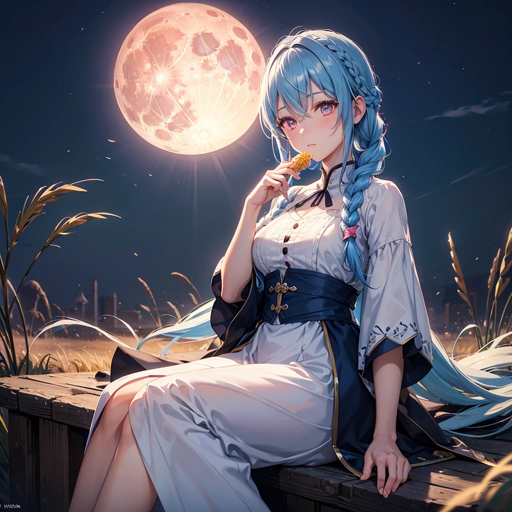 Sky blue hair, (Braided medium hair), (Pink eyes),Fair skin)  ,(whole body),(One Girl),(harvest moon),(A large amount of Miscanthus sinensis in the background),(full moon),(masterpiece, Highest quality, Very detailed, Best Shadow), (Detailed Background), (Beautifully detailed face), High Contrast, (Best lighting, Very delicate and beautiful), ((Cinematic Light)), Hyper Detail,8k, Dramatic Light, Intricate details,(sitting down to eat rice dumplings)