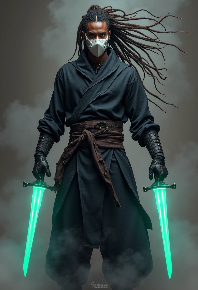 Black male with dreads and lazer swords he’s holding in his hands wearing a martial arts suit and a white ninja mask holding a wind power in his left hand