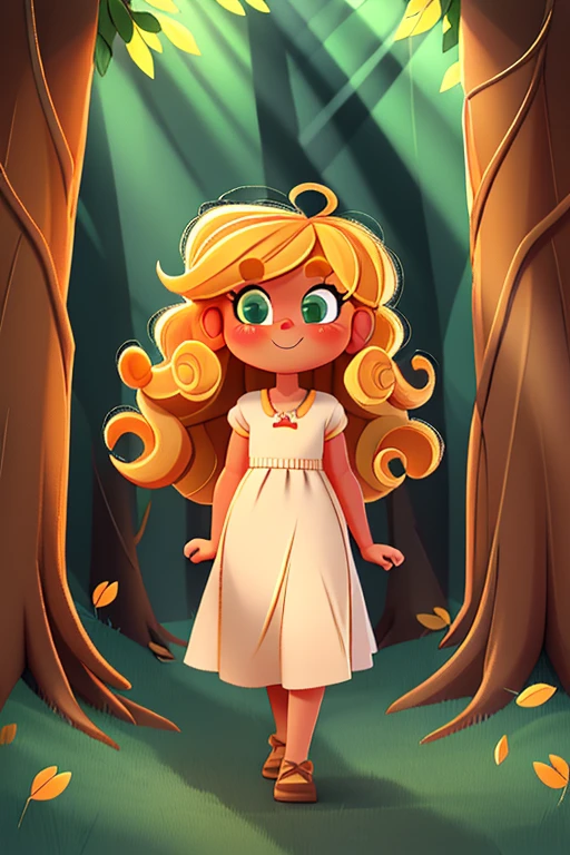 Draw Goldilocks, one with blonde and curly hair, walking happily among tall trees in a forest. Sun rays pass between the leaves, lighting your way. She is wearing a simple dress and has a curious expression.. style cartoon.