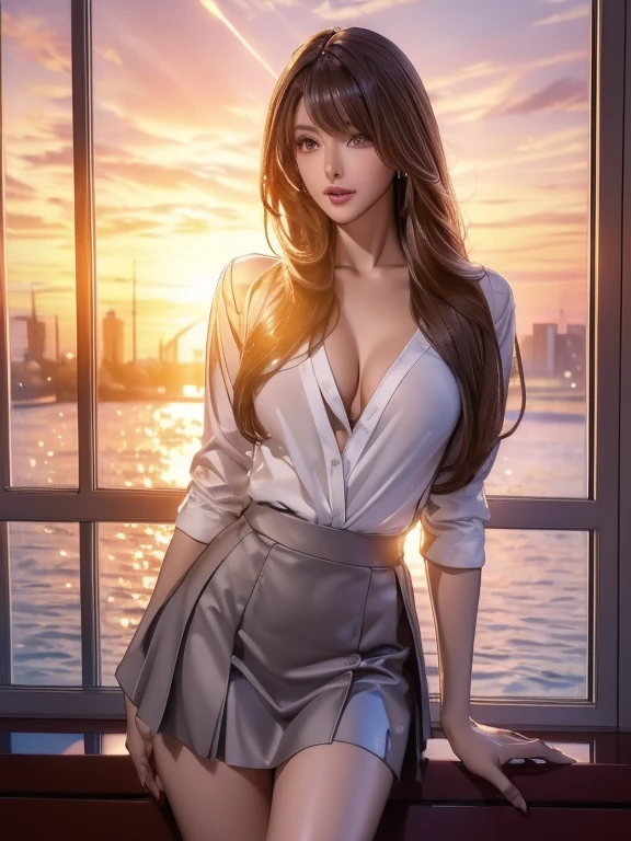 Ultimate beauty woman, (school teacher outfit:1.3, Slightly open shirt, summer clothing), (realistic photo:1.37), high definition RAW photograph, 8k wallpaper, highly detailed beautiful girl, very beautiful face, Perfect Face, Highly detailed CG, (super beautiful eyes:1.2), Natural backlighting, (lens flare:1.2), HDR, Realistic Skin, (beautiful evening sunset:1.3), ((evening sunset outside the window:1.4, sunset through window:1.2)),
BREAK. From inside the classroom, (Leaning against the window:1.3), super cute, (ultra Shiny straight hair:1.3), Swept long bangs, amber hair, Slightly slimmer body, small breasts, pale skin, pointed breast, smooth skin, seductive eyes, detailed iris, awesome solo, sexy thighs,
BREAK. (Best Quality, high quality texture, Detailed texture, masterpiece:1.27, presence, Cleavage), Depth of written boundary, Skirts and thighs, Romantic Landscape, Accurate limbs, sensual, looking at the viewer, Earrings, Leaning back,