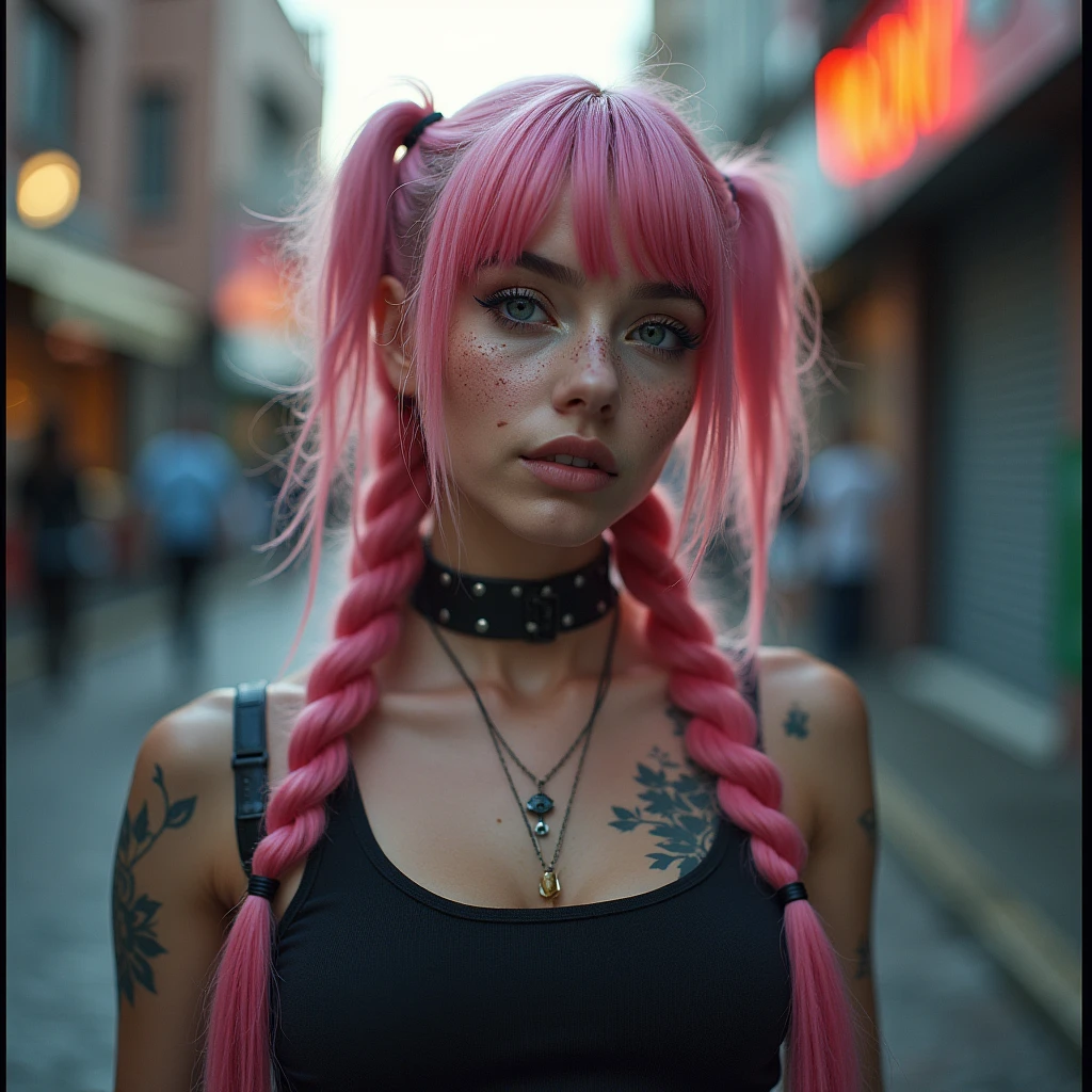 (Realisttic:1.2), analog photo style, Beautiful young woman, posing, with freckles and long pink hair braided, (cyberpunk dark fantasy atmosphere), soft natural light, cute and sexy, great quality, Masterpiece, detailed strange background, better performance, 16k quality, RAW photo, in a street, cyberpunk street