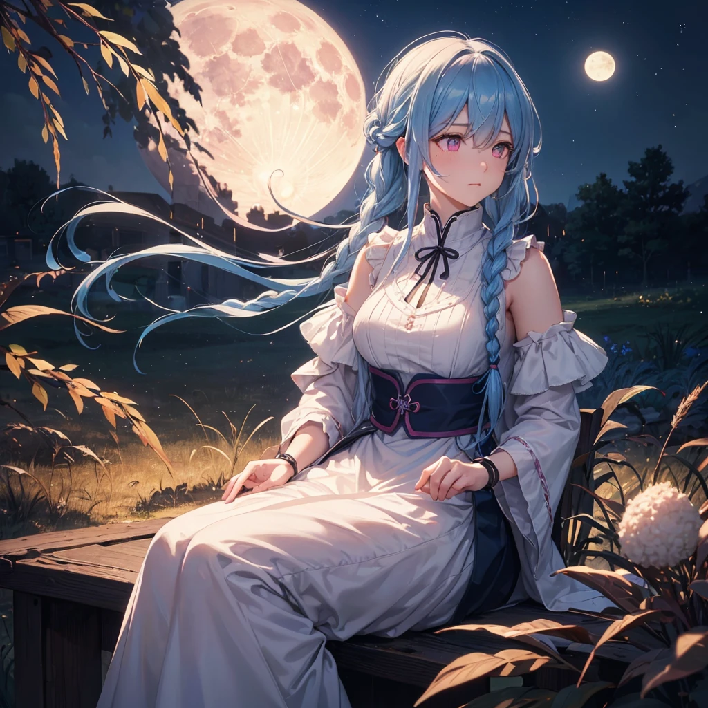 Sky blue hair, (Braided medium hair), (Pink eyes),Fair skin)  ,(whole body),(One Girl),(harvest moon),(A large amount of Miscanthus sinensis in the background),(full moon),(masterpiece, Highest quality, Very detailed, Best Shadow), (Detailed Background), (Beautifully detailed face), High Contrast, (Best lighting, Very delicate and beautiful), ((Cinematic Light)), Hyper Detail,8k, Dramatic Light, Intricate details,(sitting down to eat rice dumplings)