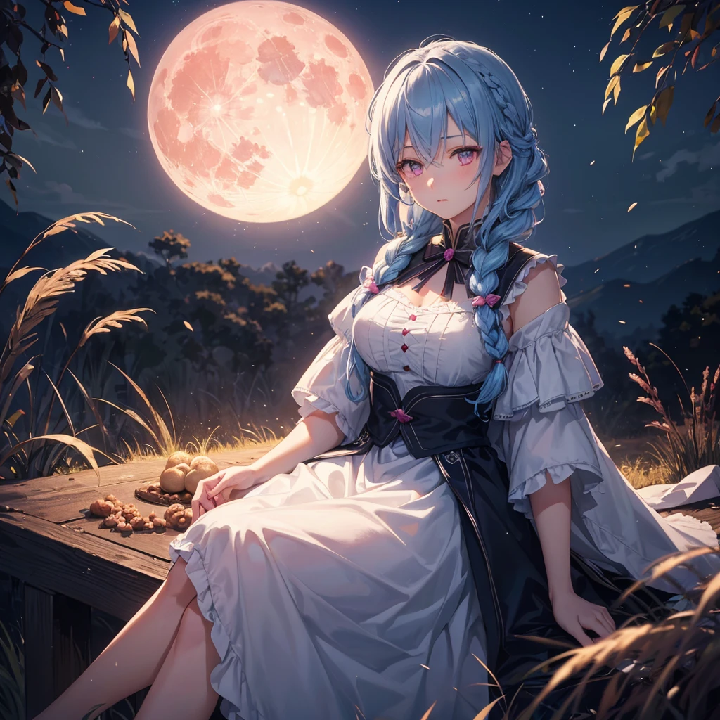 Sky blue hair, (Braided medium hair), (Pink eyes),Fair skin)  ,(whole body),(One Girl),(harvest moon),(A large amount of Miscanthus sinensis in the background),(full moon),(masterpiece, Highest quality, Very detailed, Best Shadow), (Detailed Background), (Beautifully detailed face), High Contrast, (Best lighting, Very delicate and beautiful), ((Cinematic Light)), Hyper Detail,8k, Dramatic Light, Intricate details,(sitting down to eat rice dumplings)