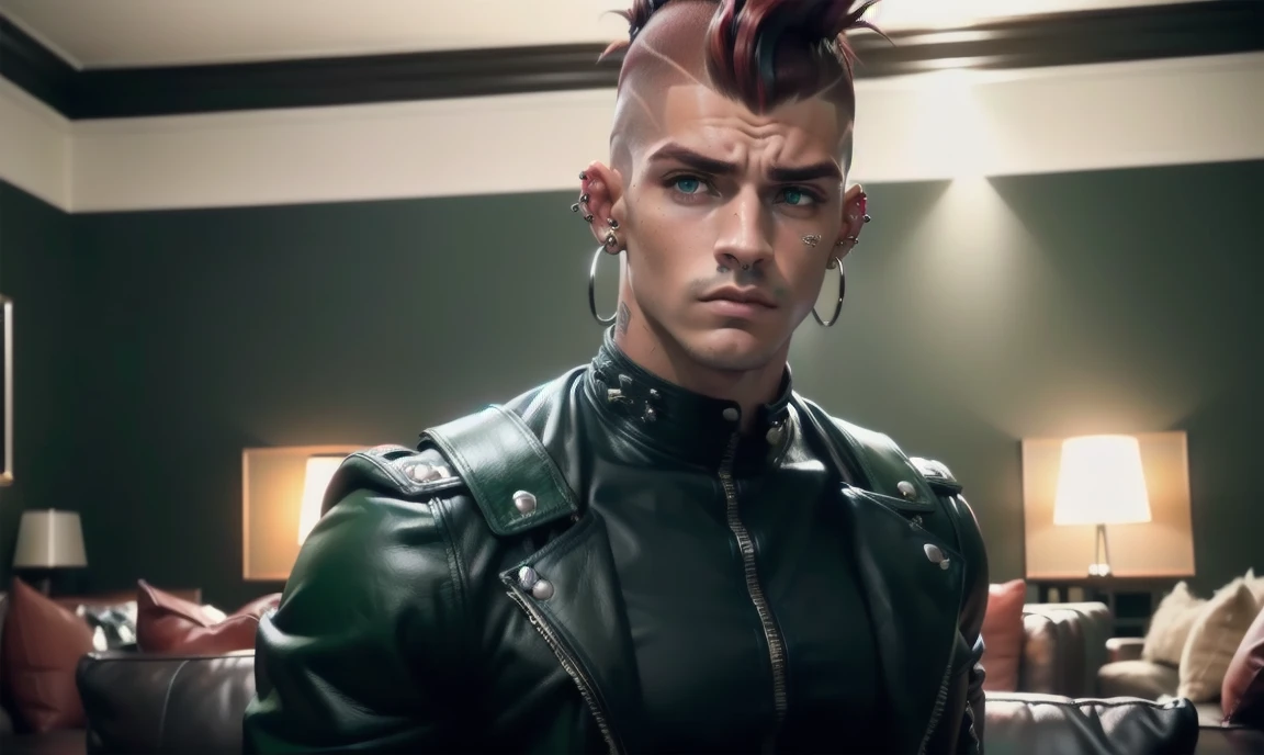 "((highly detailed, detailed eyes, detailed face, clear and realistic facial features, photorealistic, realistic light; cinematic, half-body)), ((1 man)), ((((living room background)))), (((gorgeous athletic tough bully male))), (((20-year-old punk adult male))), (((uncomfortable expression))), ((imposing pose)), ((blue-green eyes)), ((long black hair shaved sides)), (((dressed in black and leather))), ((red tint in hair)), ((ear piercings)), ((standing looking down))."