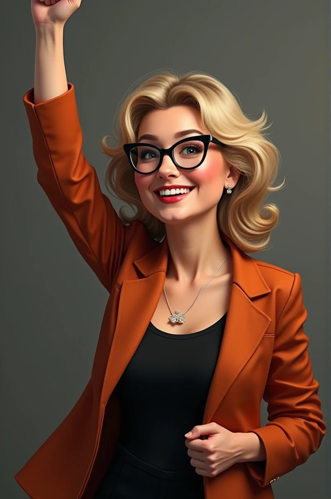 ((best quality)), ((masterpiece)), (detailed), perfect face
Mulher, white, chubby, wearing glasses, medium length dark blonde hair, with a wide smile on your face. Wearing black clothing with a terracotta blazer. Raising the left arm as a symbol of resistance and the right hand over the heart. no pissing style