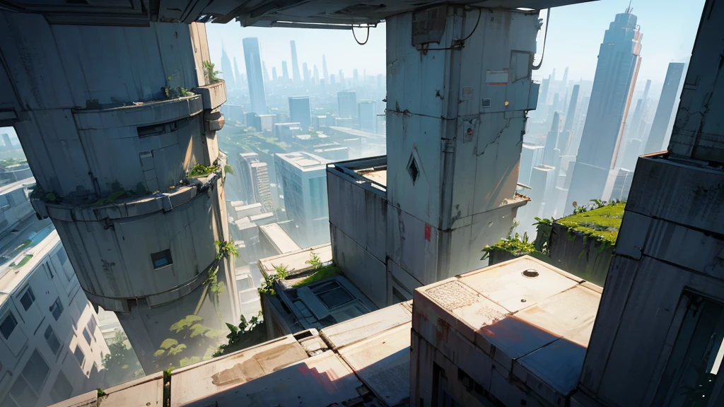 create a scene from the top of a building in the middle of a futuristic city abandoned in ruins with plants already dominating the place like on an RPG table