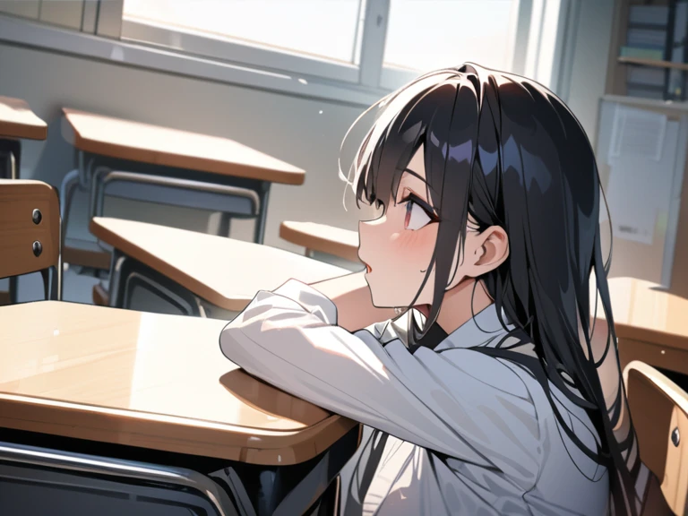 ((Highest quality,4K,8k,High resolution,masterpiece)),whole body,sexy,long, shiny black hair,Beautiful profile,classroom,Shiny, narrow eyes