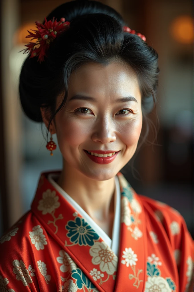 (Highest quality、Tabletop、8k、Best image quality、Award-winning works)、(1. Japanese beauties:1.1)、(Slightly wrinkled face:1.1)、(Slightly aged face:1.1)、(Innkeeper:1.1)、(Elegant floral kimono:1.2)、(A kimono with a perfect and precise collar:1.2)、Perfect mature woman portrait photo、Glowing Skin、Standing Elegantly、Glowing White Skin、Very white skin、(Accentuate your body lines:1.1)、(The most graceful posture:1.2)、(Large Breasts:1.2)、(Chignon:1.2)、(Accurate anatomy:1.2)、(Look at me:1.1)、(Sit elegantly on a bed in a luxury inn:1.4)、(The most moody and obscene lighting:1.1)、(Tyndall effect:1.1)、(Spectacular Cinema Lighting:1.1)