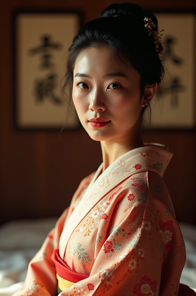 (Highest quality、Tabletop、8k、Best image quality、Award-winning works)、(1. Japanese beauties:1.1)、(Slightly wrinkled face:1.1)、(Slightly aged face:1.1)、(Innkeeper:1.1)、(Elegant floral kimono:1.2)、(A kimono with a perfect and precise collar:1.2)、Perfect mature woman portrait photo、Glowing Skin、Standing Elegantly、Glowing White Skin、Very white skin、(Accentuate your body lines:1.1)、(The most graceful posture:1.2)、(Large Breasts:1.2)、(Chignon:1.2)、(Accurate anatomy:1.2)、(Look at me:1.1)、(Sit elegantly on a bed in a luxury inn:1.4)、(The most moody and obscene lighting:1.1)、(Tyndall effect:1.1)、(Spectacular Cinema Lighting:1.1)