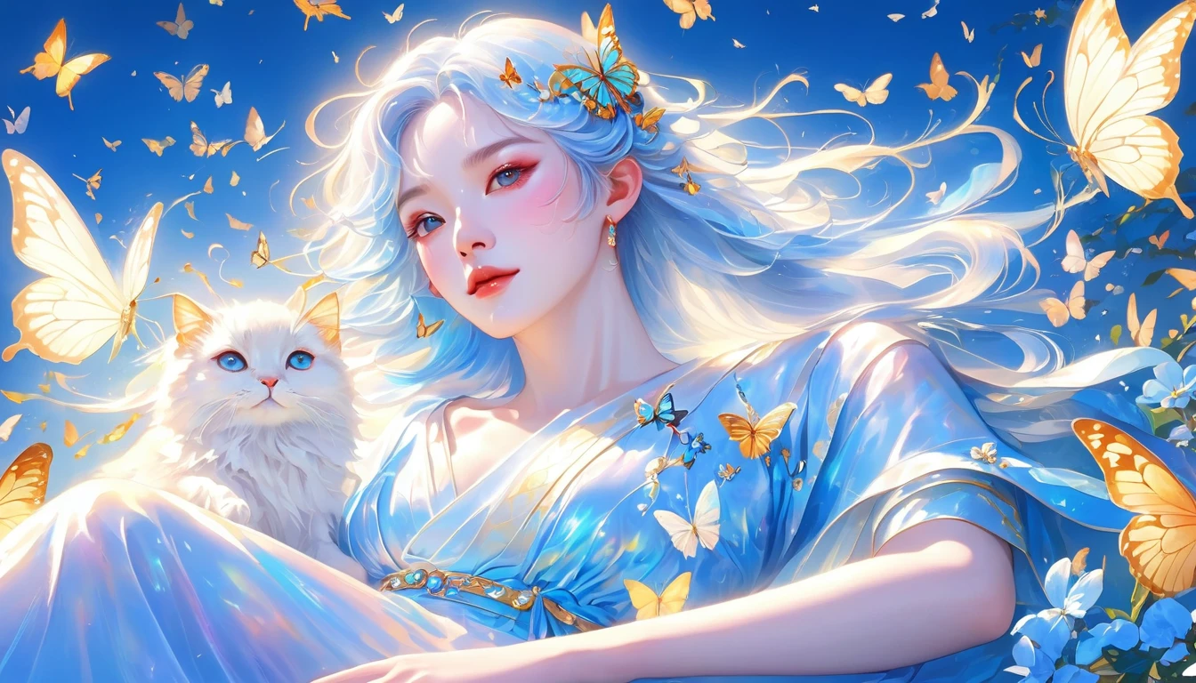 Delicate facial features，Clear faces，Clean the forehead，Antique coiled hair，Antique hair accessories，One word suit，Masterpiece，Beautiful facial features，A beautiful blue dress，faeries，the elf，There is a woman in a long dress surrounded by butterflies, Conservative one-shoulder outfit glowing blue butterflies, Butterflies float in the sky, Butterflies,butterflies flying, inspired by Ross Tran, loish and ross tran, Butterfly, ethereal wings, Butterfly wings，Highest image quality，Chaise，Antique coiled hair，One-shouldered Tang Dynasty costumes Ancient Chinese costumes， The hair on the forehead is white，rays of sunshine， Clear face， Clean white background， tmasterpiece， super detailing， Epic composition， hyper HD， high qulity， extremely detaile， offcial art， Uniform 8K wallpaper， super detailing， 32K
