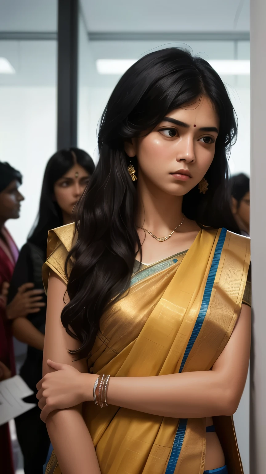 ((best quality)), ((masterpiece)), (detailed), A close-up digital illustration of a long black haired young woman in traditional Indian dress standing alone in a corner at an office event while others celebrate in the background. She looks sad and lost in thought.