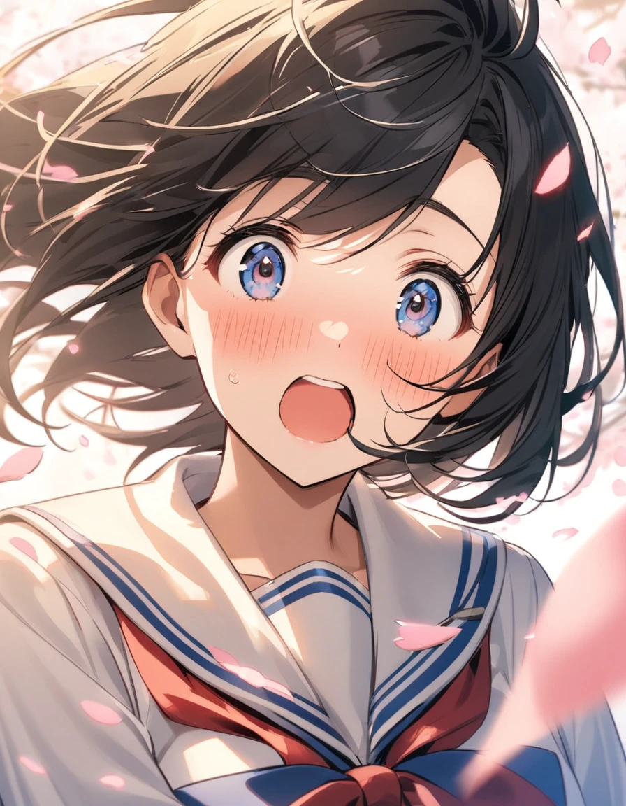 Front view、Black Hair、Bangs rising、The wind blows from the front、Forehead、Cherry blossom petals、Sailor suit、Upper Body、Surprised、Eyes Wide Open、Blushing、Surprise、fall in love