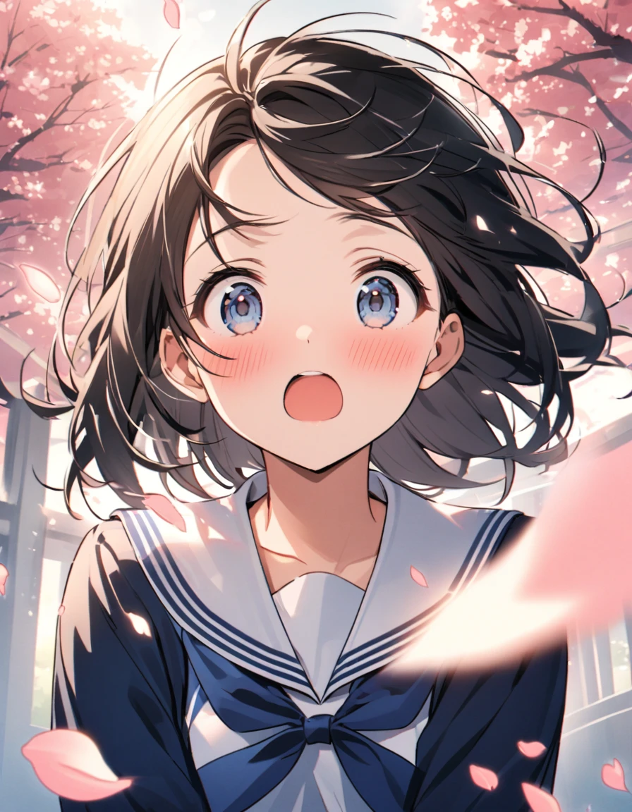 Front view、Black Hair、Bangs rising、The wind blows from the front、Forehead、Cherry blossom petals、Sailor suit、Upper Body、Surprised、Eyes Wide Open、Blushing、Surprise、fall in love