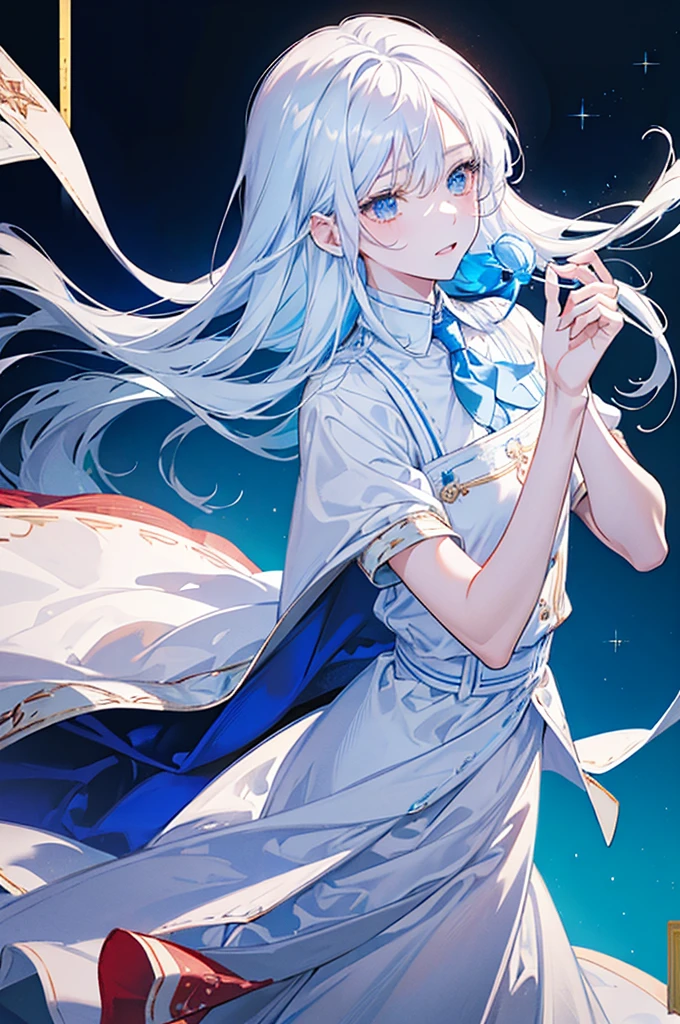 Illustrate a whimsical anime scene with a boy who has flowing white hair, wearing a crisp blue shirt and a white tie. He’s joyfully engaged in a playful moment with two dolls. The boy doll mirrors his attire, sporting white hair and a blue shirt with a tie. The girl doll, with soft brown hair, is dressed in a delicate white and red dress. Surround them with a magical, enchanted atmosphere—perhaps a background of floating sparkles or a dreamy pastel setting—to enhance the charm of this playful interaction."