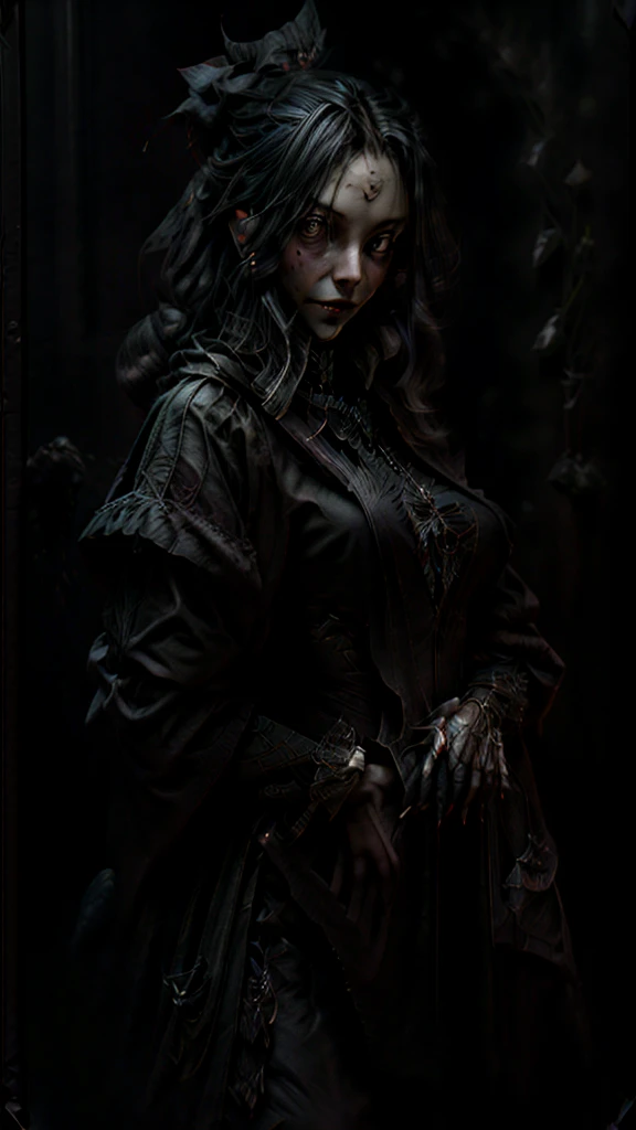 Gothic, vampires, black cloaks, 18th century London, black hair, young face, smile, famous character, high detail of objects, gloomy environment, horror style, good detail of body and hands, full height, high detail 2k,sword in right hand