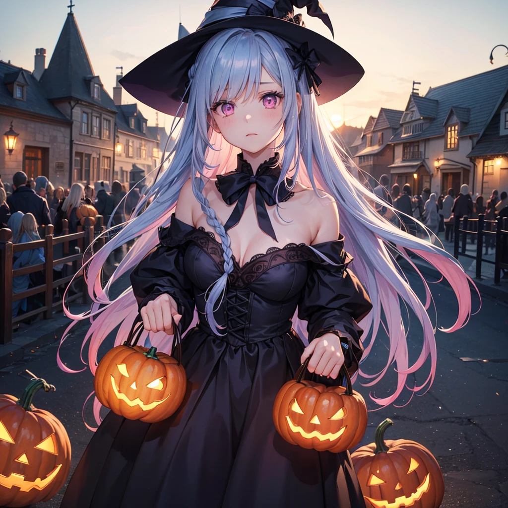 (Sky blue braided medium length hair), (Pink eyes),Fair skin) ,(whole body),(One Girl),(Crescent Moon),(A large number of pumpkin ghosts in the background),(Trick or Treat),Halloween Party),(masterpiece, Highest quality, Very detailed, Best Shadow), (Detailed Background), (Beautifully detailed face), High Contrast, (Best lighting, Very delicate and beautiful), ((Cinematic Light)), Hyper Detail,8k, Dramatic Light, Intricate details,Witch's Clothes,Magic broom,night,Bats fly in the sky,