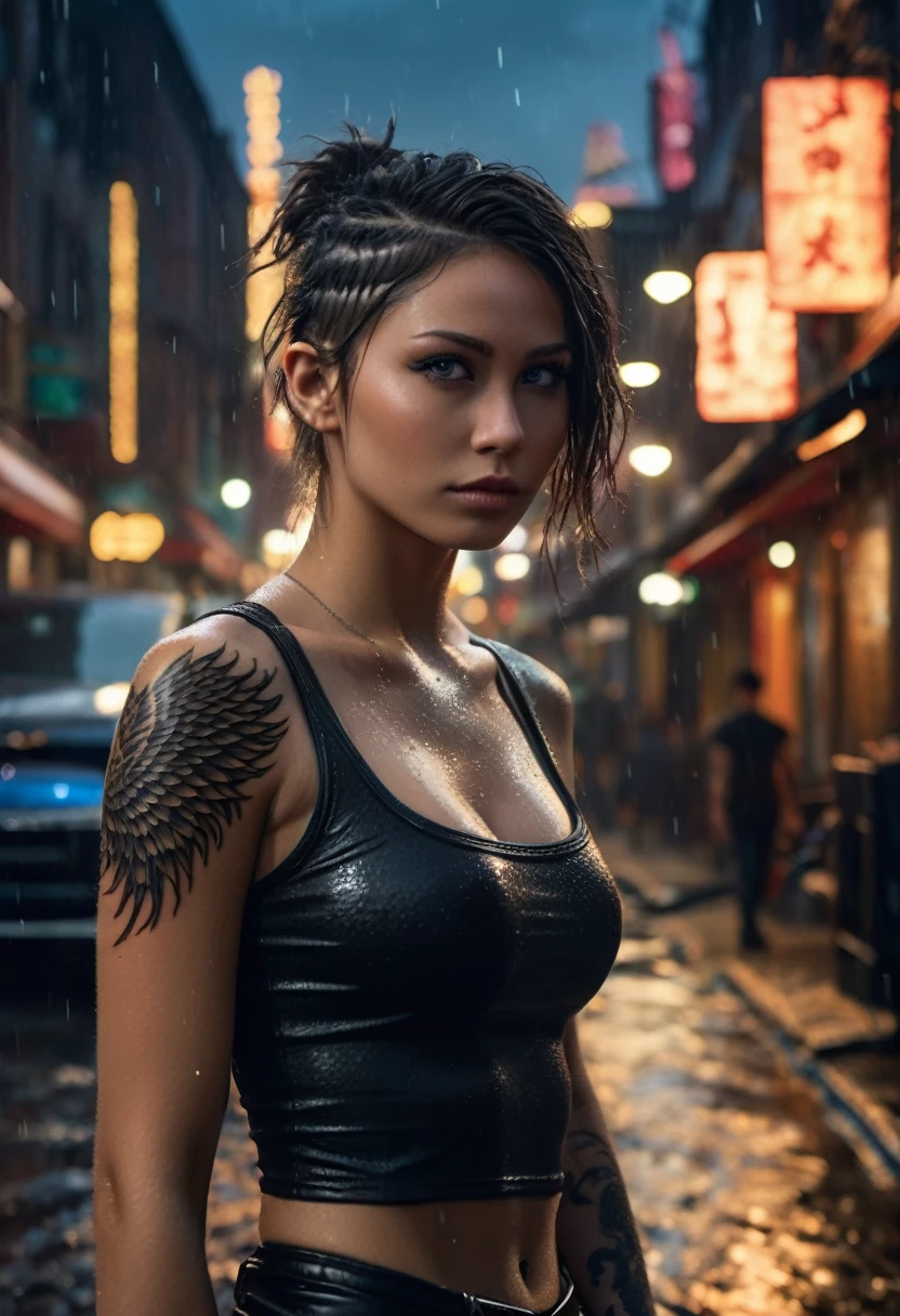 (dynamic pose:0.9),the girl with the eagle and dragon tattoo,rainy city street at night,black eyeliner,black sleeveless muscle shirt, wearing bikini, from behind, huge boobs, (big Dragon tattoo on the back),swedish town,detailed skin,detailed eyes,photorealistic,dramatic lighting,RAW photo,4k,sharp focus,high resolution,8k uhd,high quality,film grain,Fujifilm XT3, elegant girl, beautiful young woman, high quality, 8k, realistic, photorealistic, professional, vivid colors, natural lighting, cinematic, fantasy, magical, whimsical