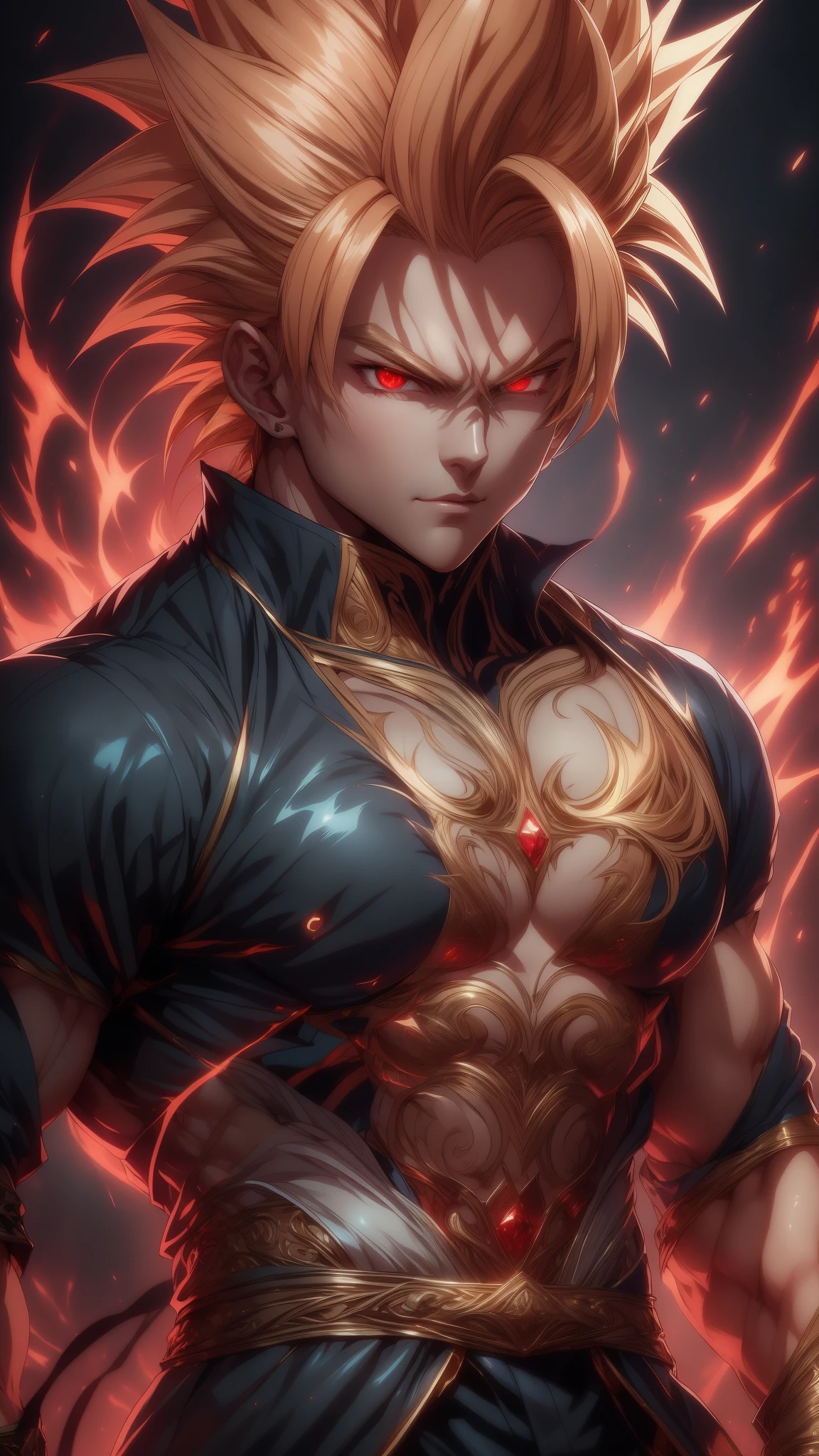 A strikingly handsome man with piercing red eyes stands tall against a dark, neutral background. His short, red and blond hair is styled to perfection, framing his chiseled jawline. With a confident and decisive stance, he exudes a golden aura, making him truly majestic.