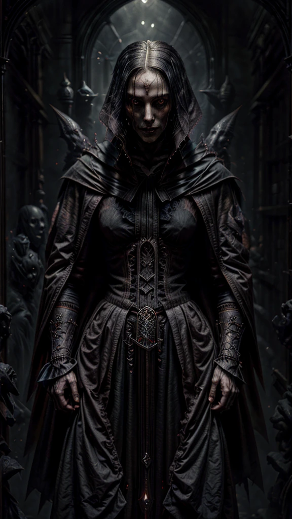 Gothic, vampires, black cloaks, 18th century London, black hair, young face, smile, famous character, high detail of objects, gloomy environment, horror style, good detail of body and hands, full height, high detail 2k,sword in right hand