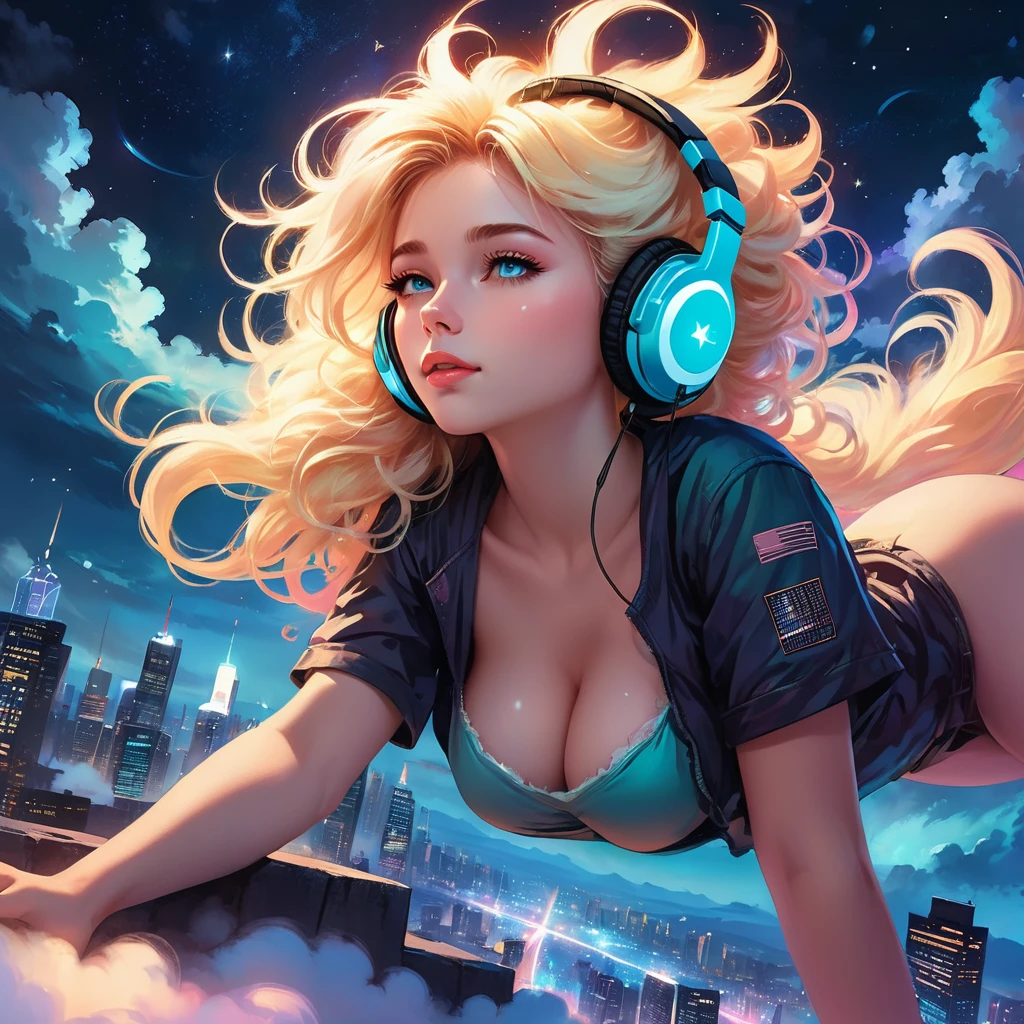 a beautiful 20 year old blonde woman with big messy hair laying down on a cloud in the sky floating over a cityscape at night, wearing headphones, looking down at the city, twinkling stars and glowing moon, fantasy art style, full body, rossdraws cartoon vibrant, cyberpunk, cute detailed digital art, colorfull digital fantasy art, digital fantasy art ), glossy digital painting, rossdraws pastel vibrant, rossdraws 2. 5, rossdraws 1. 0