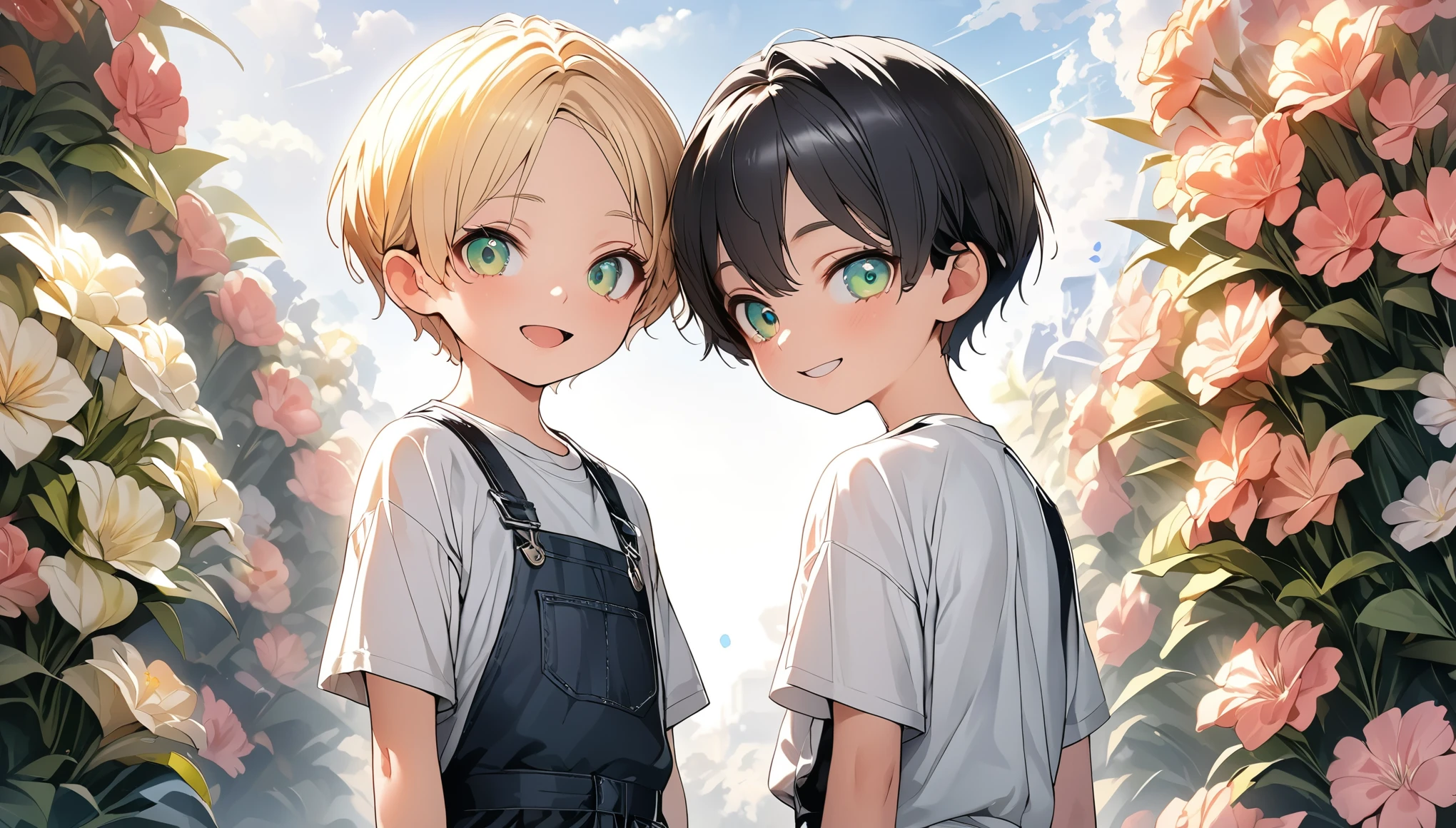 (2  boys, twins), 10 yeak hair with blond hair, very short hair, shiny green eyes, cute large eyes, cute face, half open mouth, beige short t-shirt, blue with black overall, standing, beautiful flower background, best quality, high quality, high resolution, highly detailed, detailed face, detailed eyes, detailed hair, cowboy shot, vibrant colors, full colors, super fine illustration, masterpiece, 8k, (pastel colored illustration:1.4),