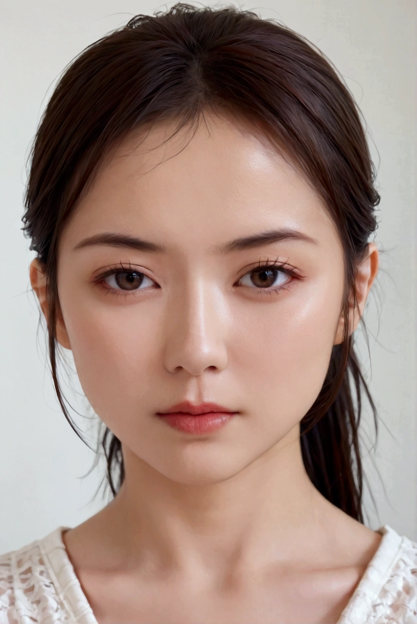 I want an image of a 23-year-old Asian woman with a ponytail, beautiful face, small chest, and double eyelids.