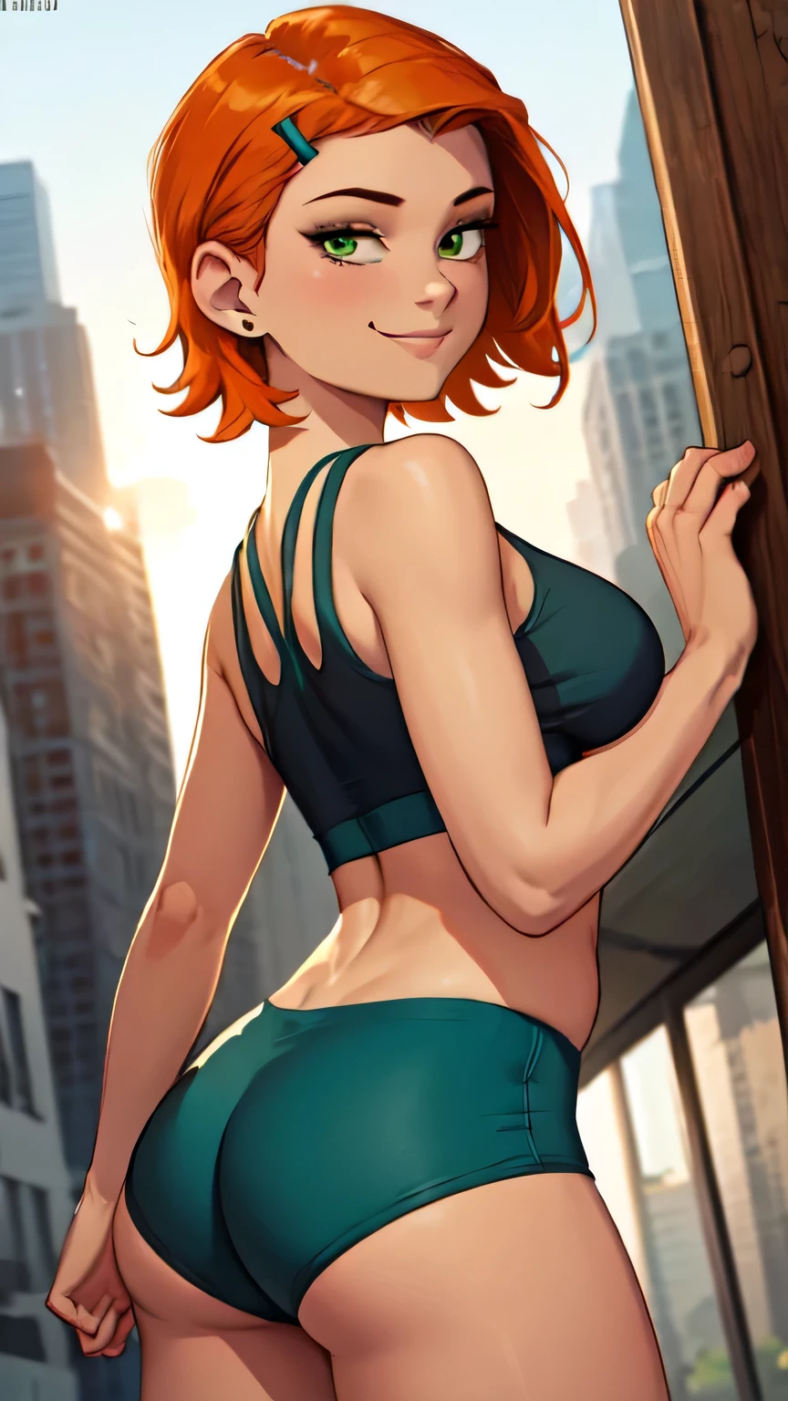 1 girl,(solo), (masterpiece:1.2), (high quality:1.0),looking at viewer, (ultra detailed),smile,short orange hair, green eyes, Gwen Tennyson,sports bra, yoga shorts  curvy, from behind, (low angle view)