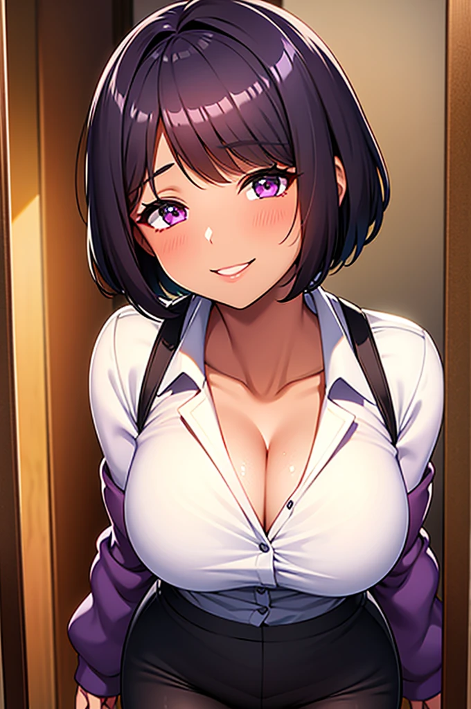 One Sister,Brown skin,Black Hair,Short Hair,Purple work clothes with the chest open,Cleavage,sexy,smile