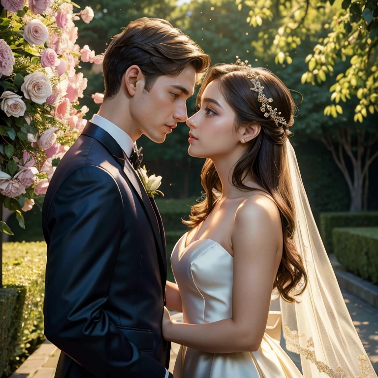 (​masterpiece, best quality:1.5), highest quality, High resolution, super detailed, Realists, Upper body photo of a brunette flower girl and a boy in a suit, detailed and beautiful eyes, beautiful detailed lips, very detailed eyes and face, longeyelashes, Young girl in short flower girl dress made of shiny satin fabric, Beautiful and colorful makeup, elegant and noble々Pose,shiny satin headband, grind, Holding flowers, Gardens as background, soft daylight, bright colors, fine brushstrokes, Portrait style, Noble details in the dress fabric, beautiful color palette, glowing skin, First-class rendering, that captures every detail, enchanting atmosphere, subtle shadows and lights, (perfect anatomy:1.2), (The stunning flower girl is in love with a boy in a suit. Exchanging glances. First kiss. (magnificent panorama view:1.2)