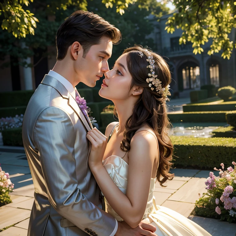 (​masterpiece, best quality:1.5), highest quality, High resolution, super detailed, Realists, Upper body photo of a brunette flower girl and a boy in a suit, detailed and beautiful eyes, beautiful detailed lips, very detailed eyes and face, longeyelashes, Young girl in short flower girl dress made of shiny satin fabric, Beautiful and colorful makeup, elegant and noble々Pose,shiny satin headband, grind, Holding flowers, Gardens as background, soft daylight, bright colors, fine brushstrokes, Portrait style, Noble details in the dress fabric, beautiful color palette, glowing skin, First-class rendering, that captures every detail, enchanting atmosphere, subtle shadows and lights, (perfect anatomy:1.2), (The stunning flower girl is in love with a boy in a suit. Exchanging glances. First kiss. (magnificent panorama view:1.2)