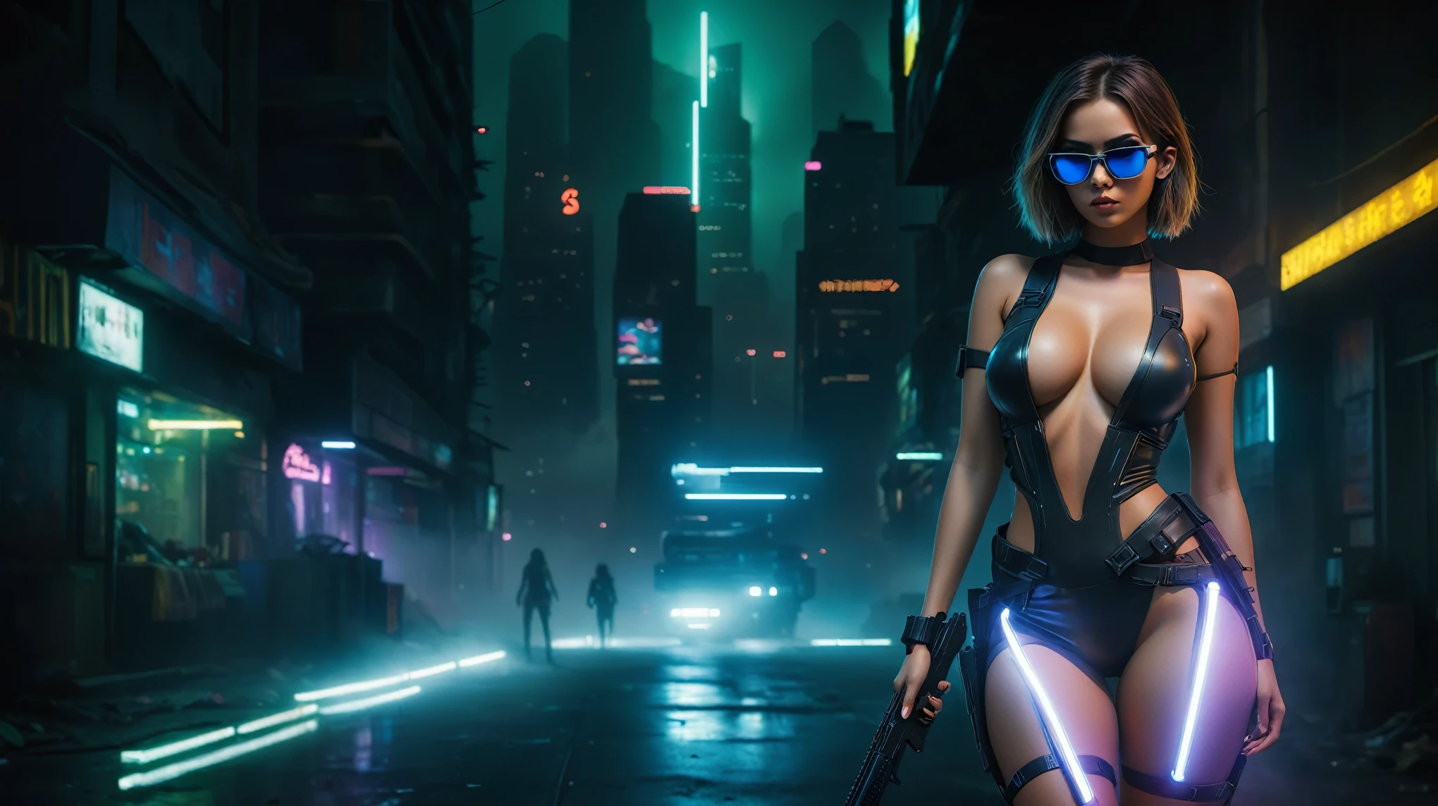 dark futuristic landscape, at night, neon lights, Atmospheric fog, large buildings in the background, futuristic city, streets with open shops, skyscraper (postapocalyptic city:1.3). (1girl, solo, alone), large-breast:1.2 slim body, cleavage:1.1, sexy miniskirt, (black sunglasses, holding a pistol), half-body thigh level medium shot, cinematic lighting, ray tracing.