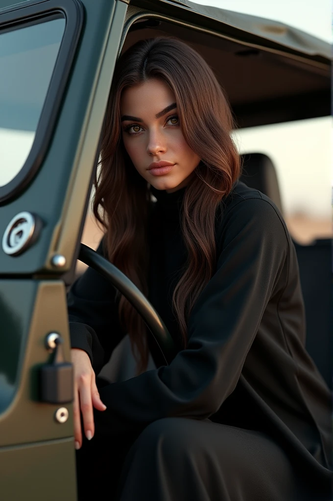 beautiful woman, 26 years old, 170cm tall, 80kg, medium build, Arabian, honey brown hair, dark brown eyes, wearing a black abaya, lending on a jeep car, realistic, photorealistic, hyper detailed, high quality, 8k, masterpiece, intricate details, dramatic lighting, cinematic composition, natural skin tones, volumetric lighting, depth of field, ultra-detailed, physically-based rendering, professional photography