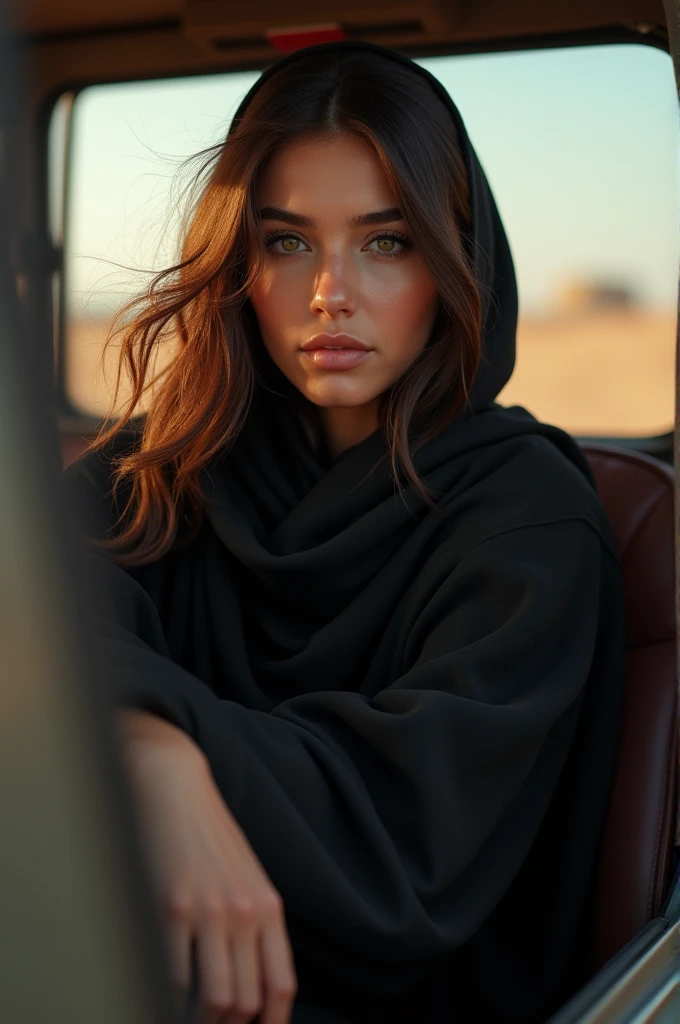beautiful woman, 26 years old, 170cm tall, 80kg, medium build, Arabian, honey brown hair, dark brown eyes, wearing a black abaya, lending on a jeep car, realistic, photorealistic, hyper detailed, high quality, 8k, masterpiece, intricate details, dramatic lighting, cinematic composition, natural skin tones, volumetric lighting, depth of field, ultra-detailed, physically-based rendering, professional photography