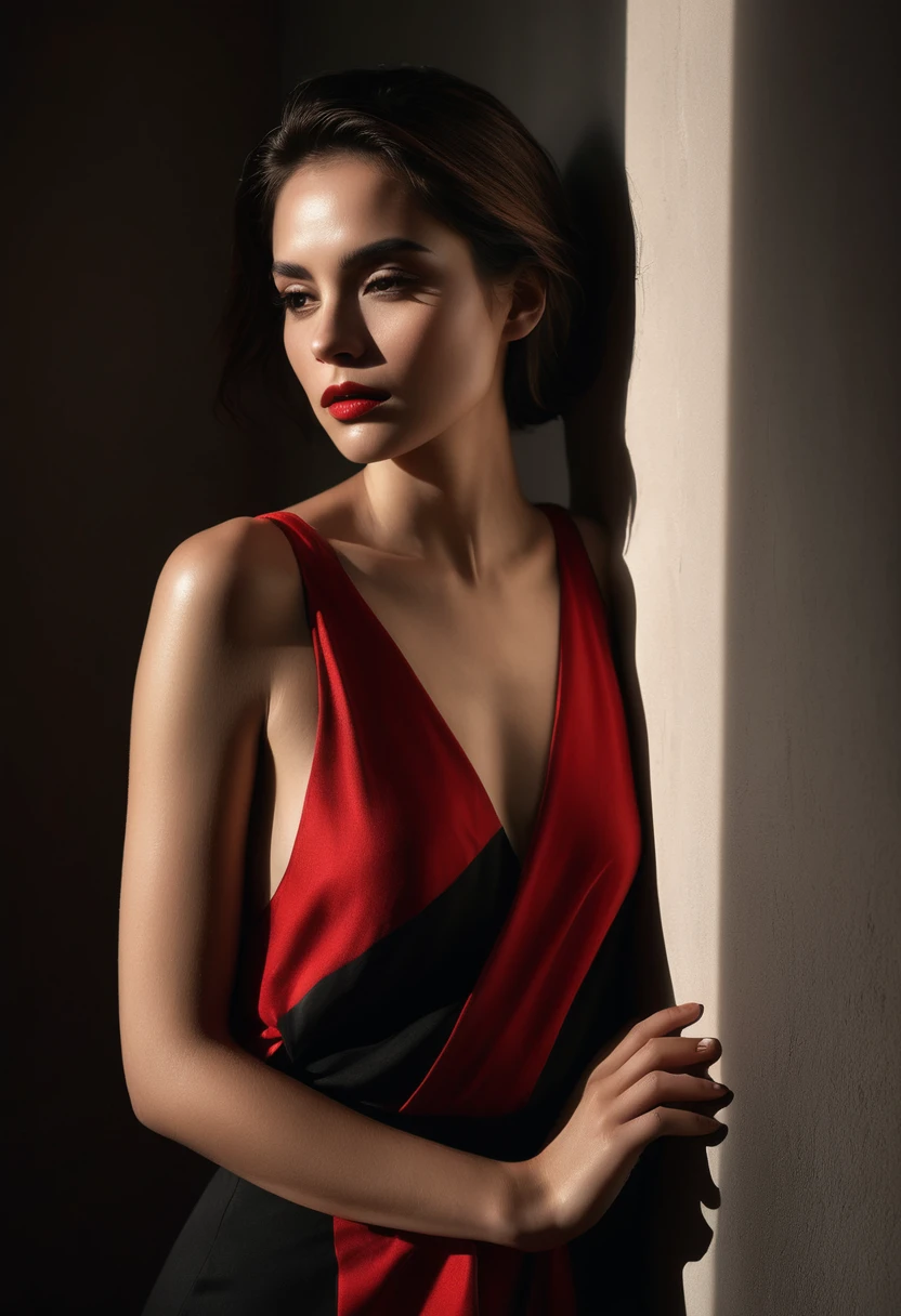 woman bathed in soft light, leaning against a wall, looking into the camera in a moment of raw emotion. Her attire is minimal, accentuating her beauty with the dramatic shadows cast by the lighting. The background is stark, with sharp contrasts highlighting the contours of her form. The red and black palette intensifies the mood, evoking a sense of mystery and allure. Subtle film grain and meticulous shading add depth and texture, emphasizing the emotional gravity of the scene. The lighting creates a chiaroscuro effect, accentuating her expressive pose and the intense atmosphere.
