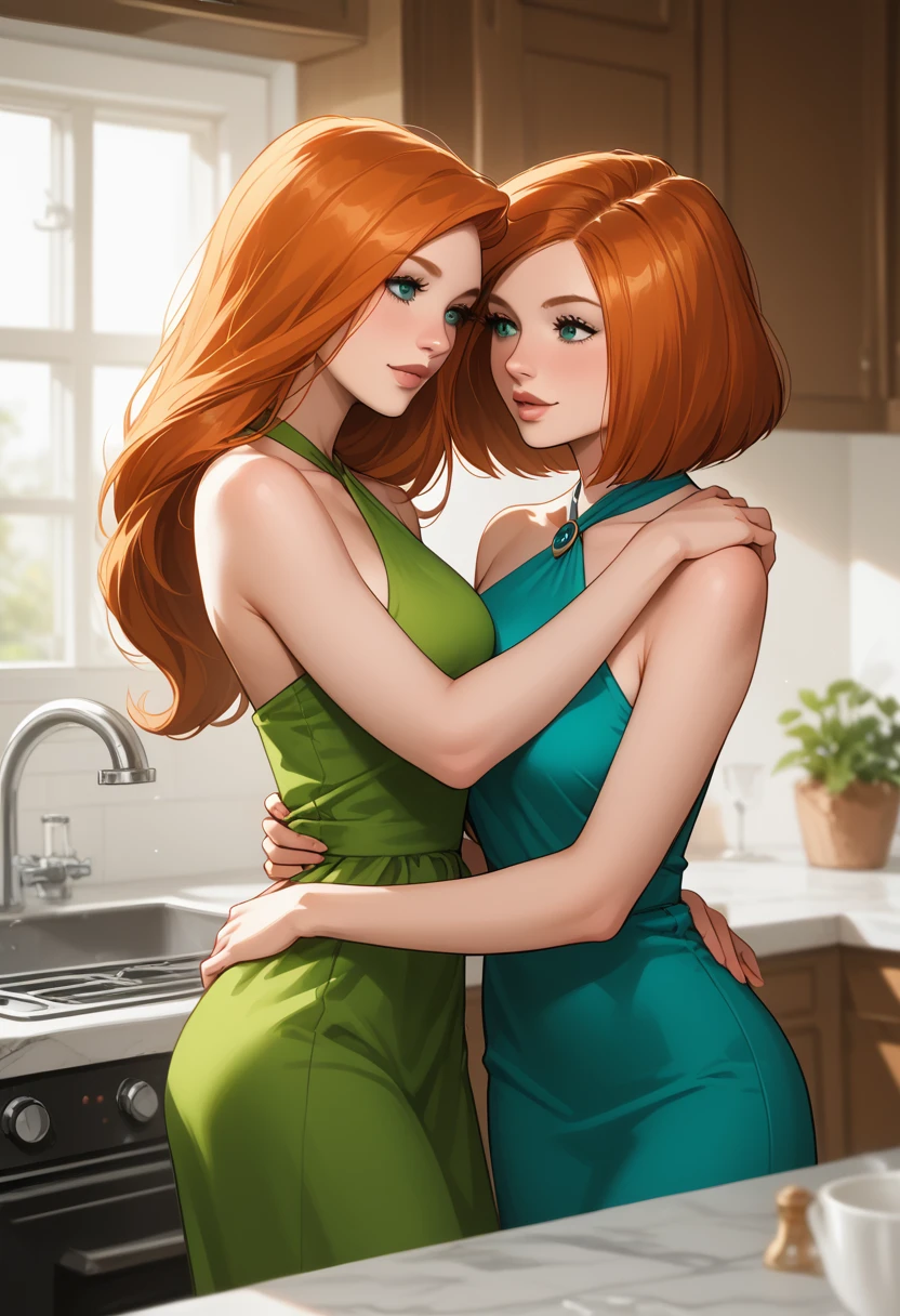 AnnP, Annp is Mother, leaning on counter, 2girls, mother with short hair and blue eyes, daughter with long hair and green eyes, orange hair, kitchen, smile, breasts, flat color, window, curtains, indoors, score_9, score_8_up, score_7_up, score_6_up, score_5_up, score_4_up, looking at viewer, aroused, seductive, shy, blush, nude body, pussy juice, kim_possible, kim_possible is daughter, saliva, nipples, daughter lick and suck mother breasts nipples, 