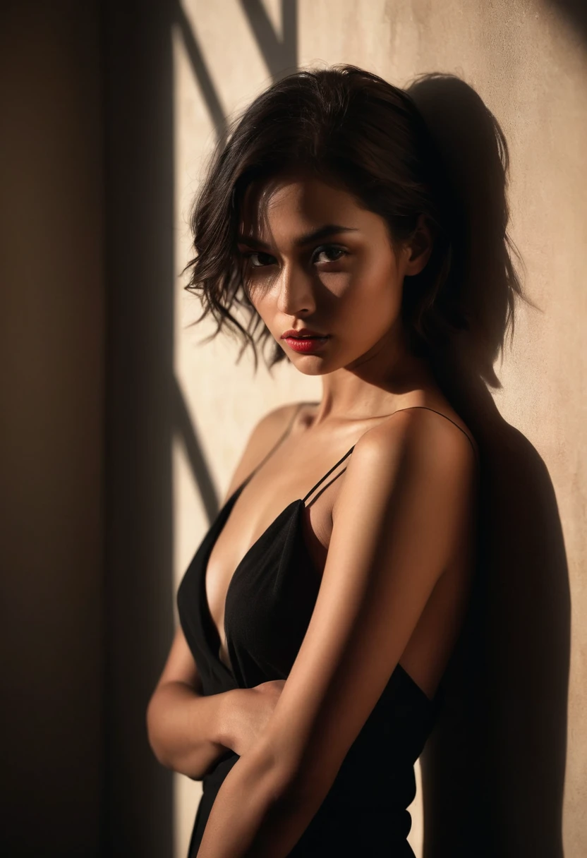 woman bathed in soft light, leaning against a wall, looking into the camera in a moment of raw emotion. Her attire is minimal, accentuating her beauty with the dramatic shadows cast by the lighting. The background is stark, with sharp contrasts highlighting the contours of her form. The red and black palette intensifies the mood, evoking a sense of mystery and allure. Subtle film grain and meticulous shading add depth and texture, emphasizing the emotional gravity of the scene. The lighting creates a chiaroscuro effect, accentuating her expressive pose and the intense atmosphere.
